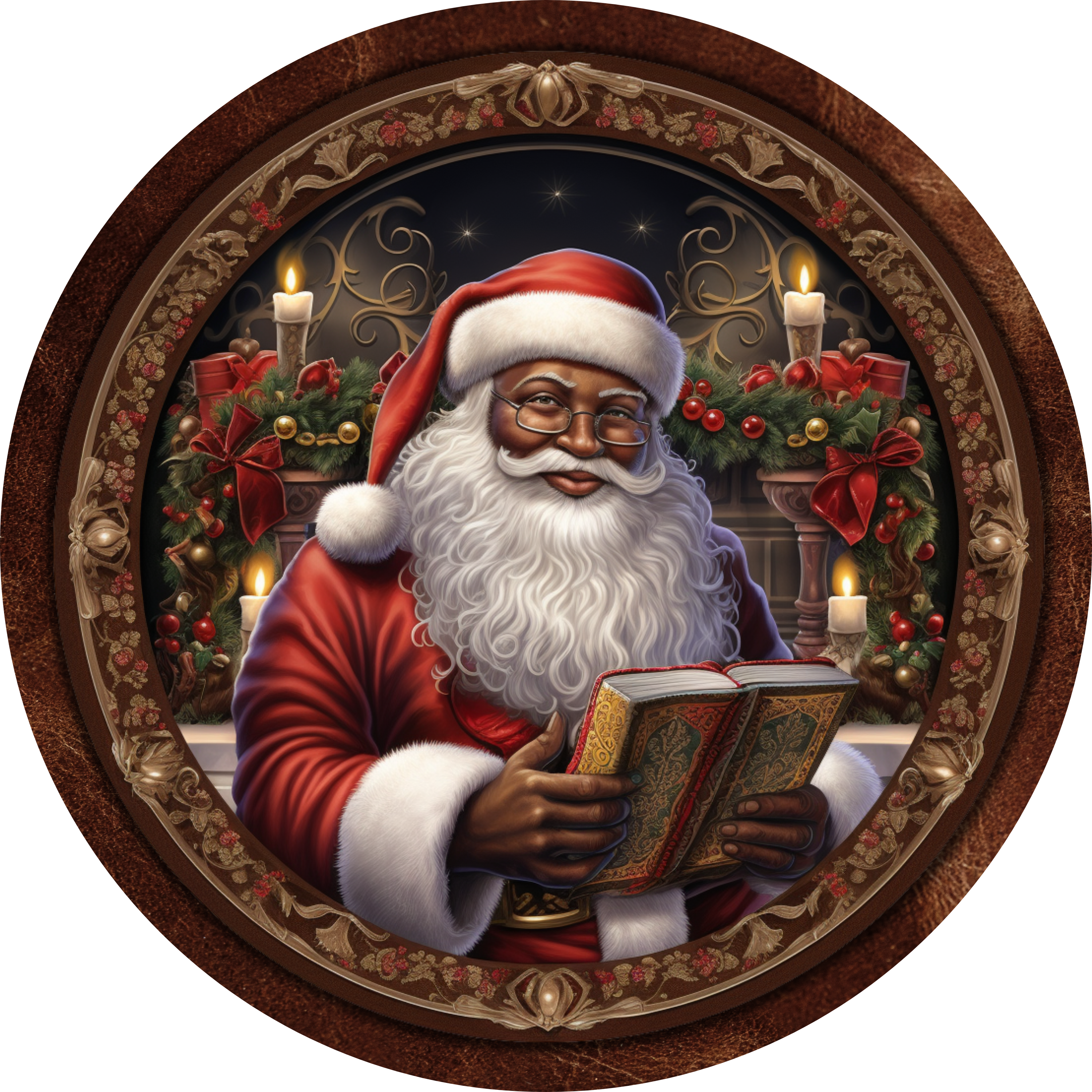 African American Santa Claus Art, Classic Christmas Santa Wall Decor, Cozy Holiday Fireplace Scene, Festive Vintage Design