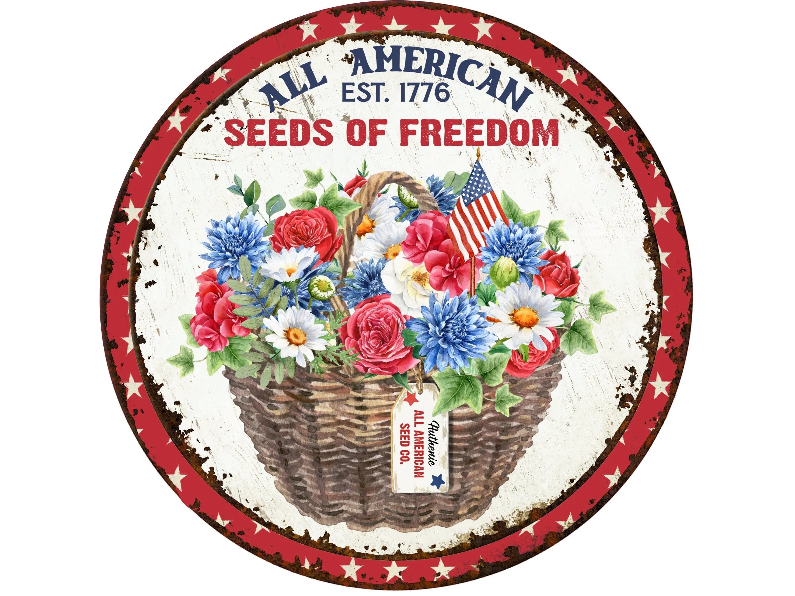 all American flowers in basket wreath sign, red, white and blue florals farmhouse wall art, rustic rustic Americana wreath attachment