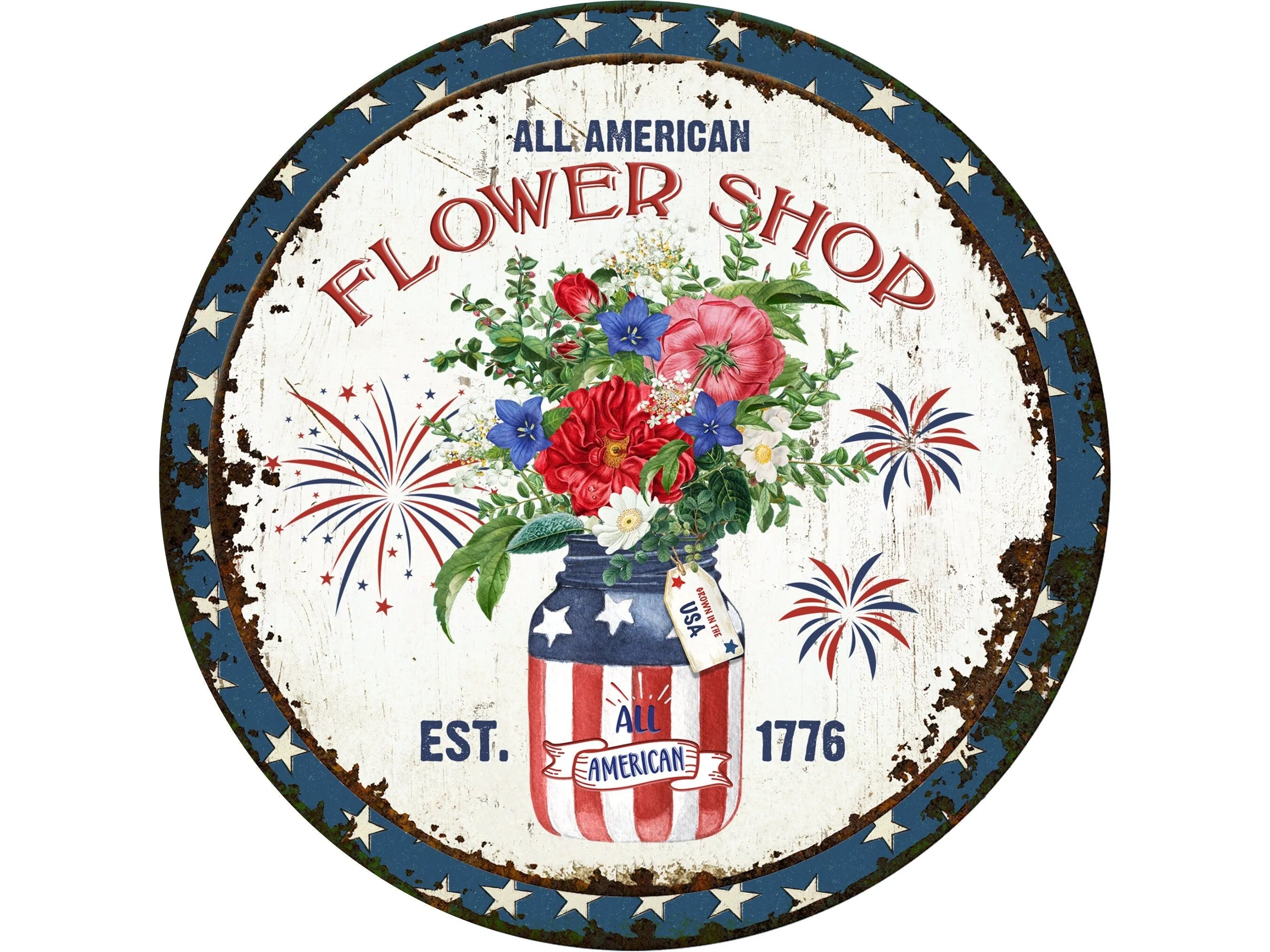 all American flowers in mason jar wreath sign, red, white and blue florals farmhouse wall art, rustic rustic Americana wreath attachment