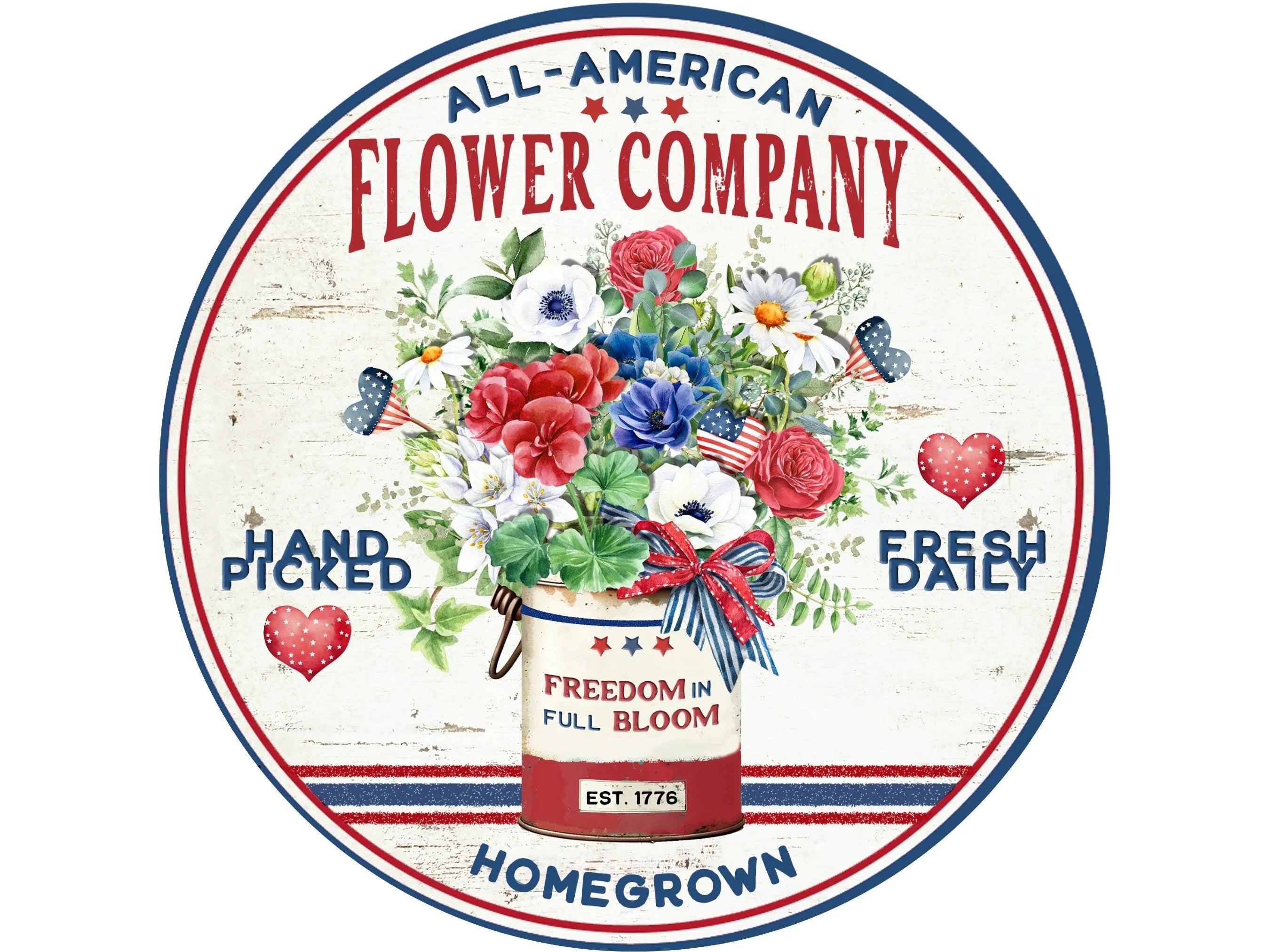 all American flowers in paint bucket wreath sign, red, white and blue florals farmhouse wall art, rustic rustic Americana wreath attachment