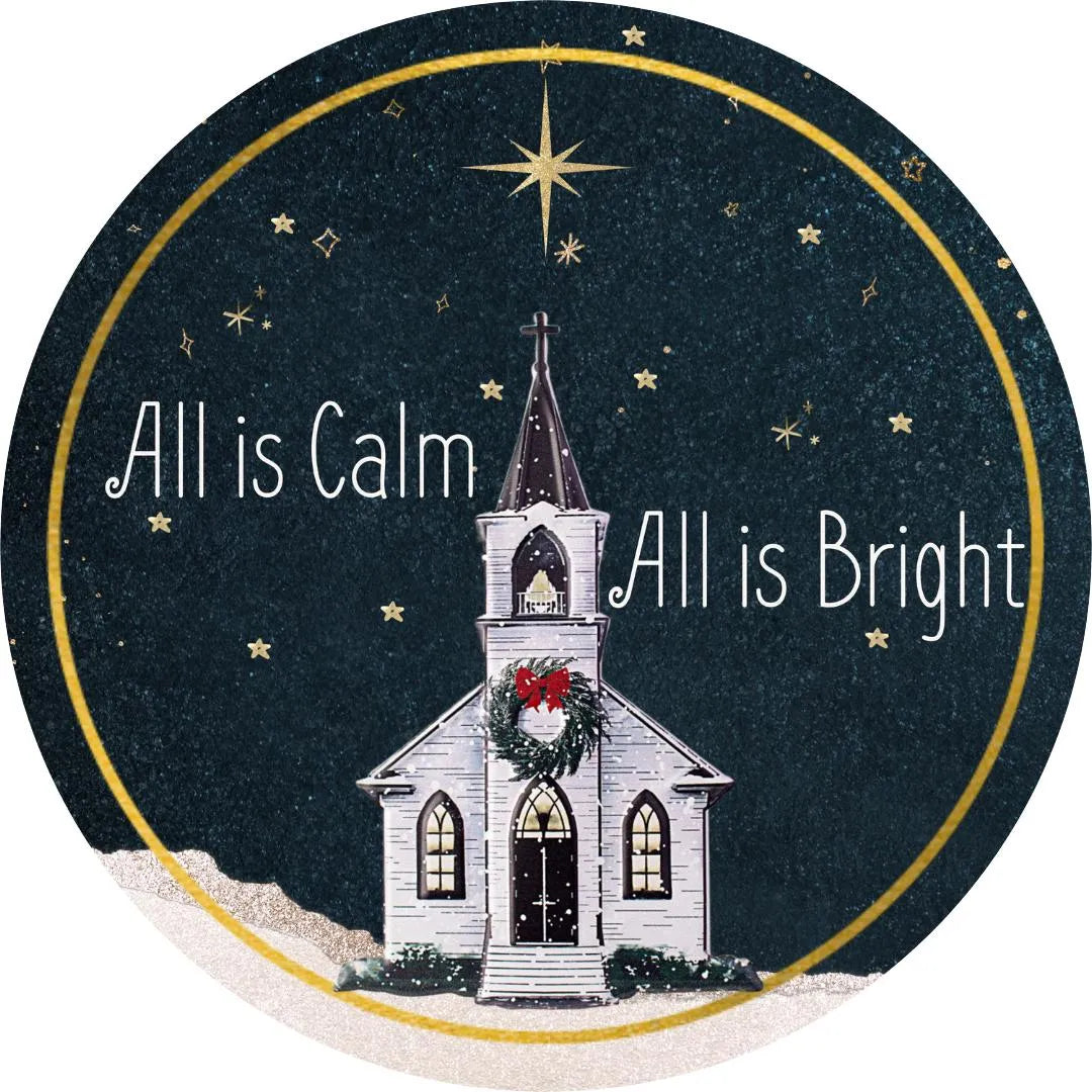 All is Calm, All is Bright Christmas Church Sign - Peaceful Holiday Decor, Starry Night Nativity Scene Wall Art