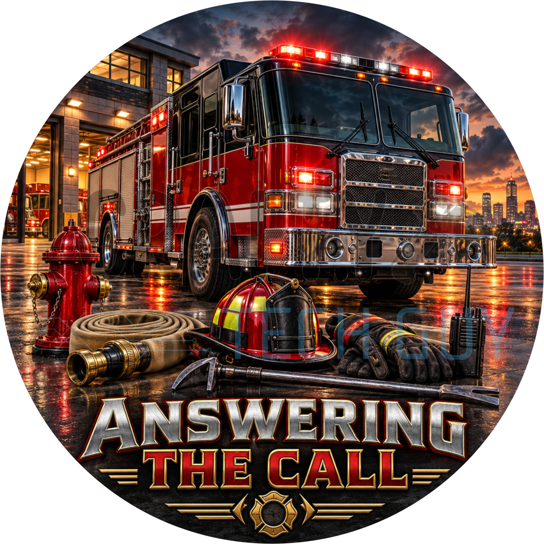 Answering The Call round wreath sign with a red fire engine leaving the station bay, helmet, coiled hose and hydrant at sunset