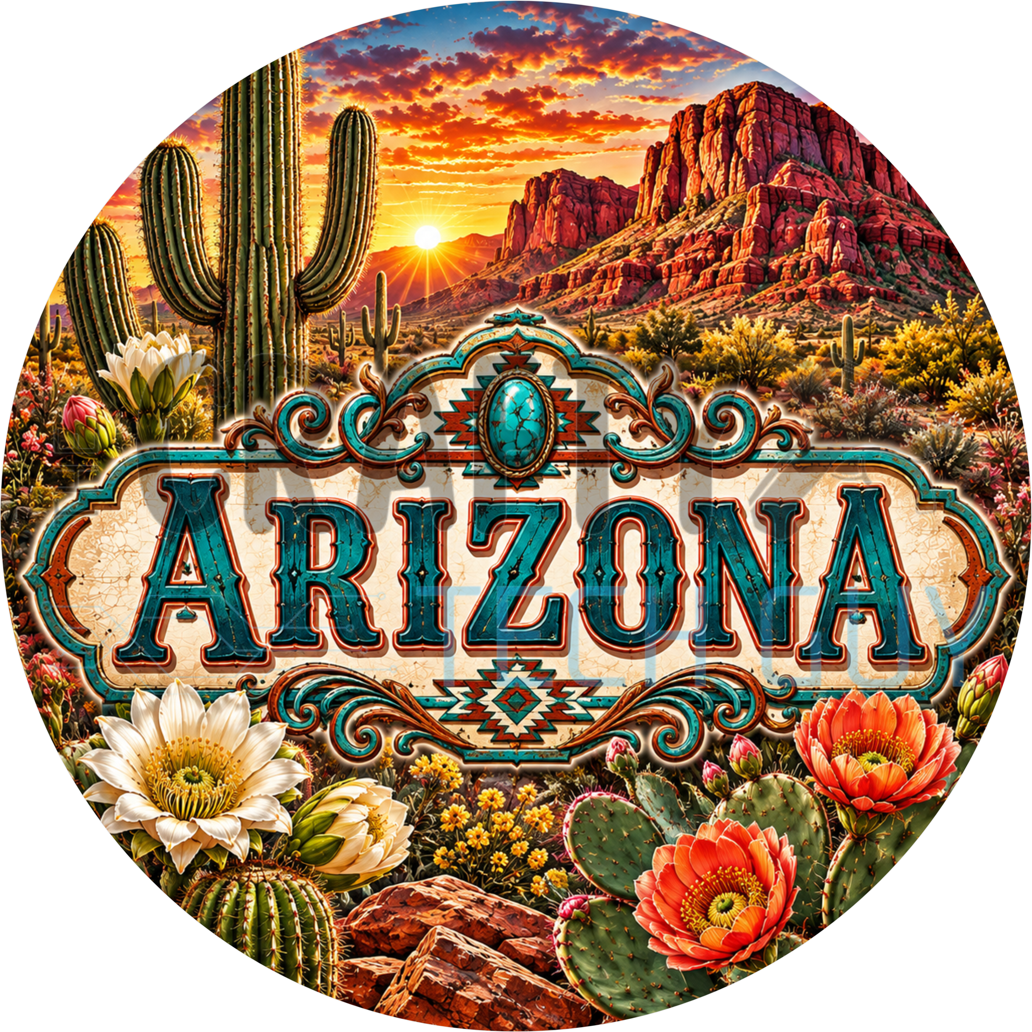 Arizona round wreath sign in coated aluminum, showing saguaro cactus silhouetted against a banded orange desert sunset with turquoise accents
