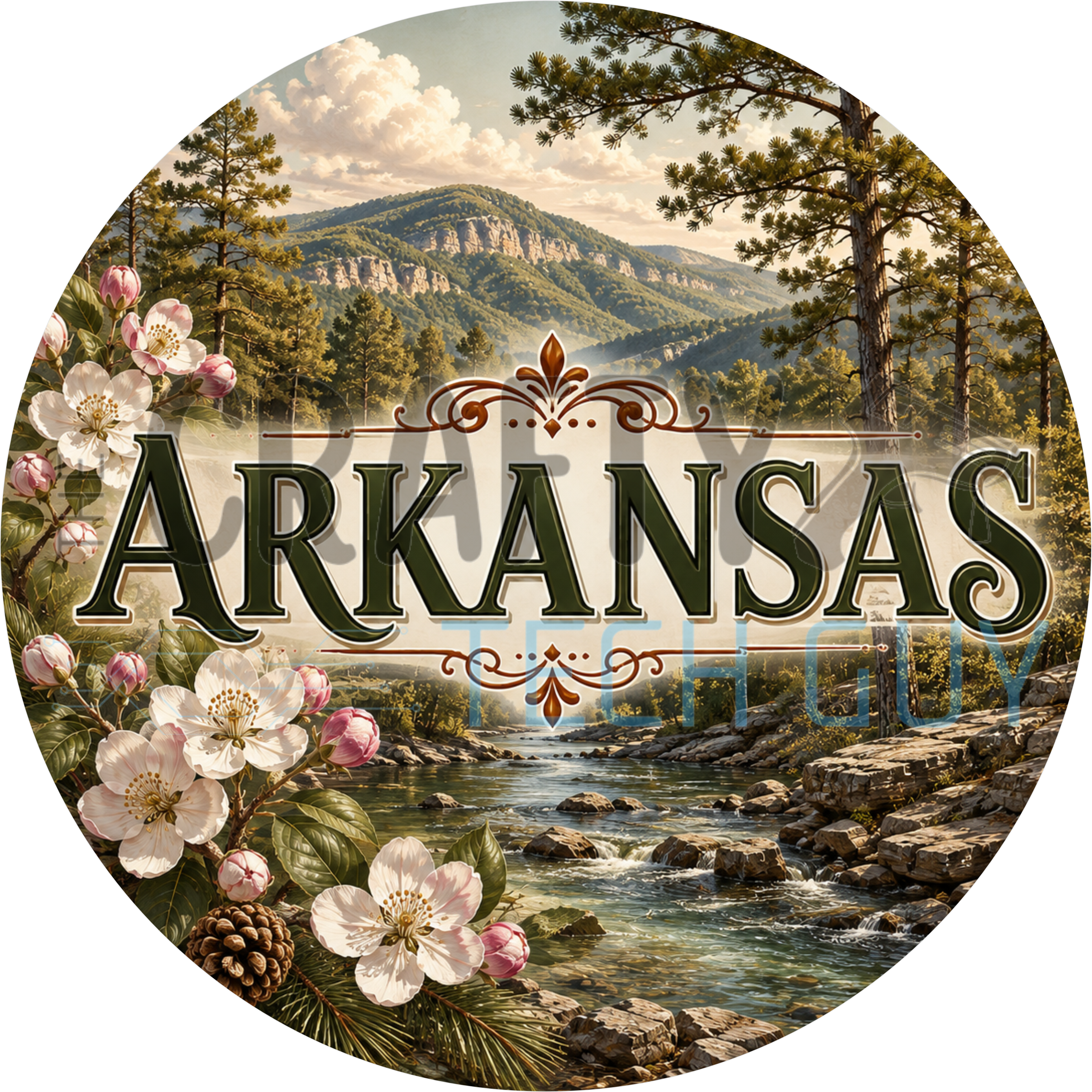 Arkansas round wreath sign in coated aluminum, showing white apple blossoms above layered Ozark ridges and a winding river