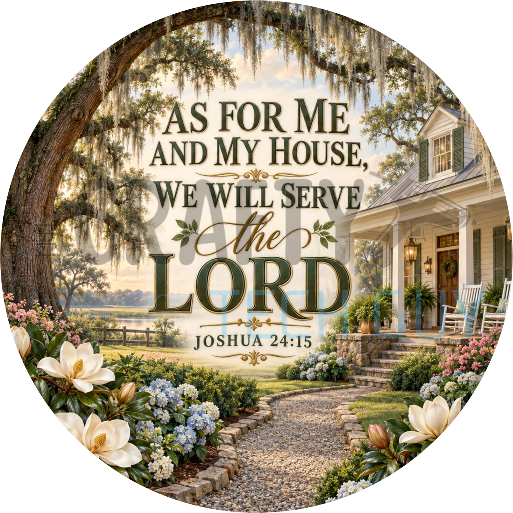 As For Me And My House We Will Serve The Lord Joshua 24:15 round wreath sign with a Southern farmhouse, hydrangea path and live oak