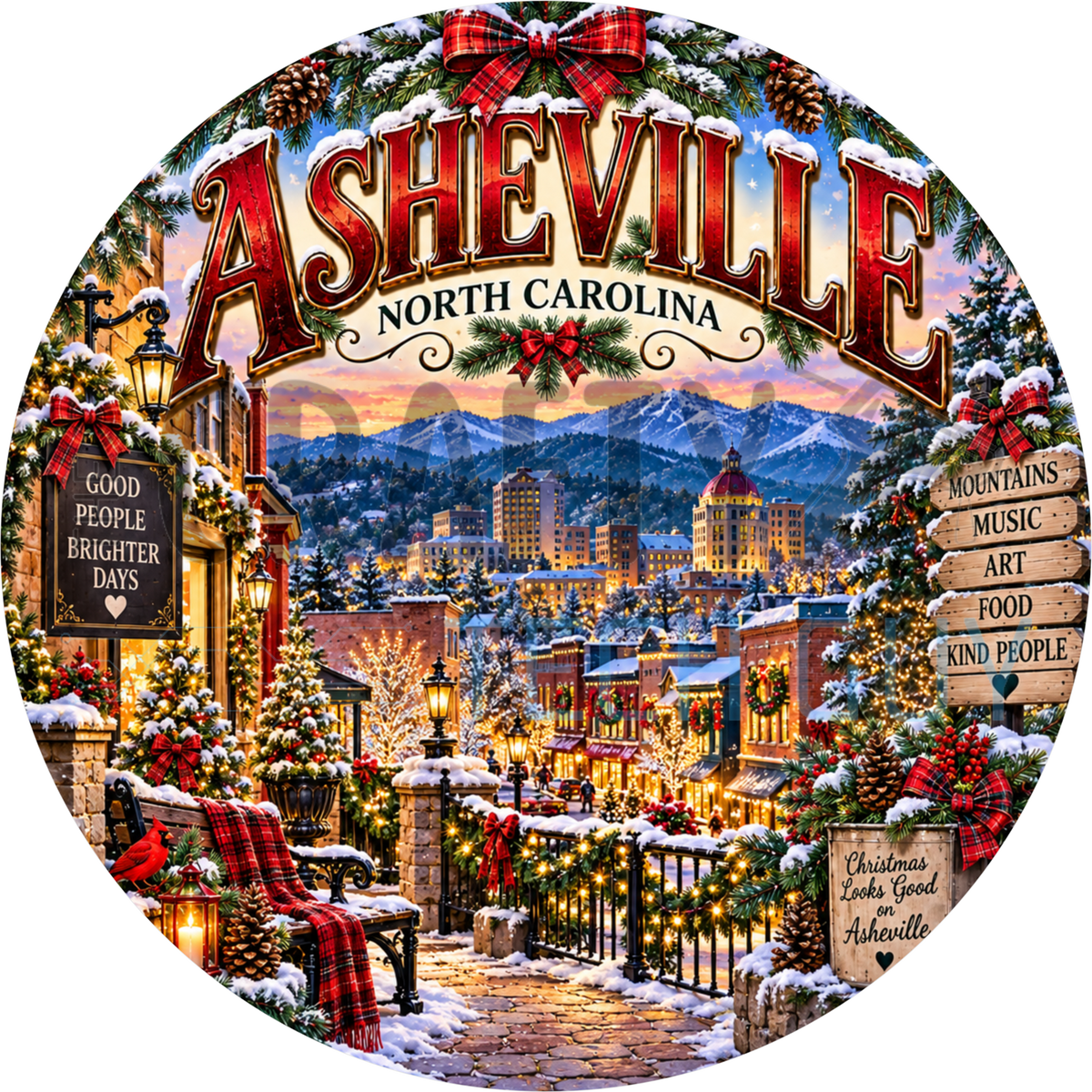 Christmas in Asheville North Carolina round wreath sign with a snowy downtown street, garland lampposts, a cardinal on a plaid bench and Blue Ridge peaks