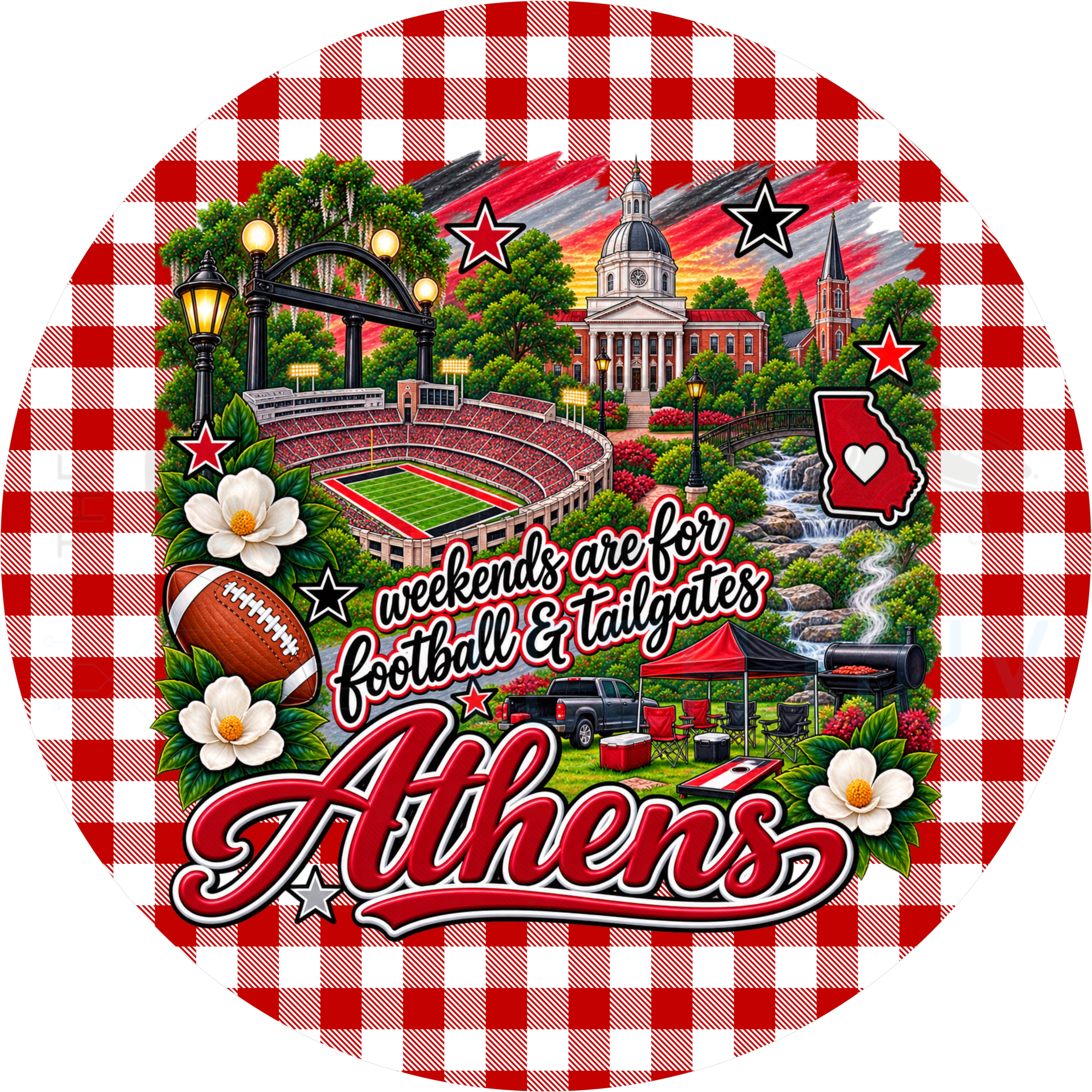 Athens football tailgate round wreath sign with red gingham border, campus arch, chapel, stadium, Georgia state outline and magnolias
