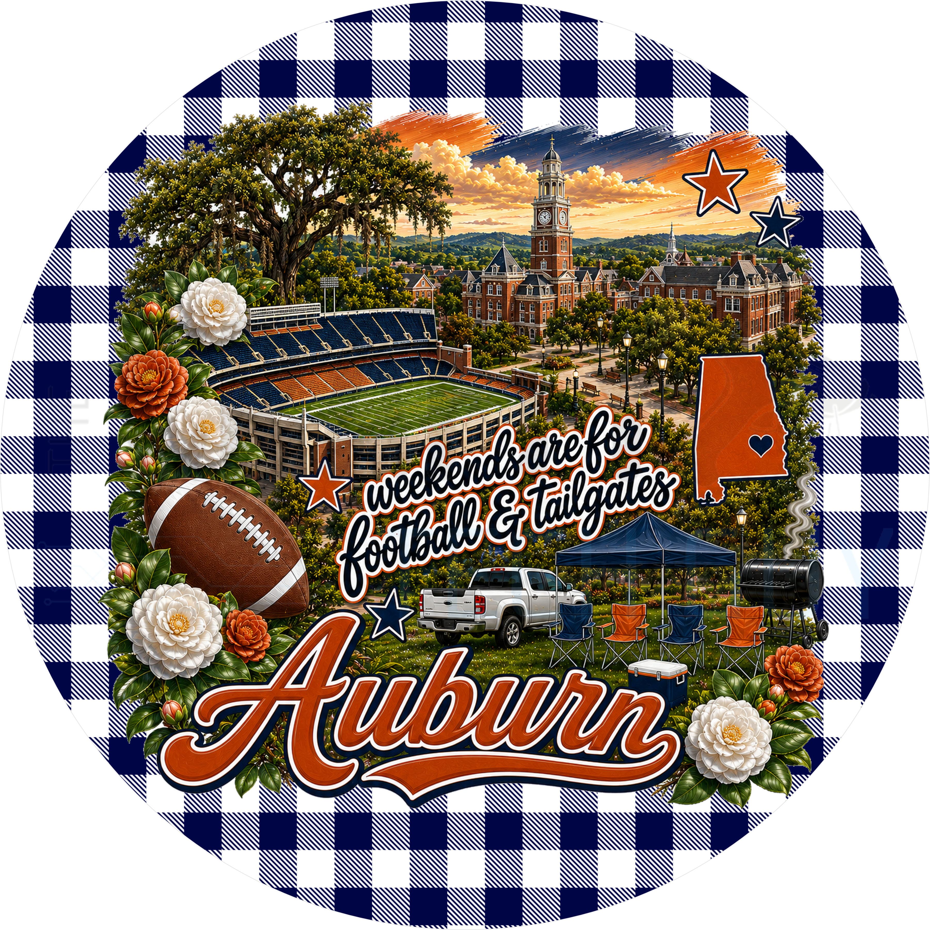Auburn football tailgate round wreath sign with navy gingham border, live oaks, brick clock tower, stadium, Alabama state outline and camellias