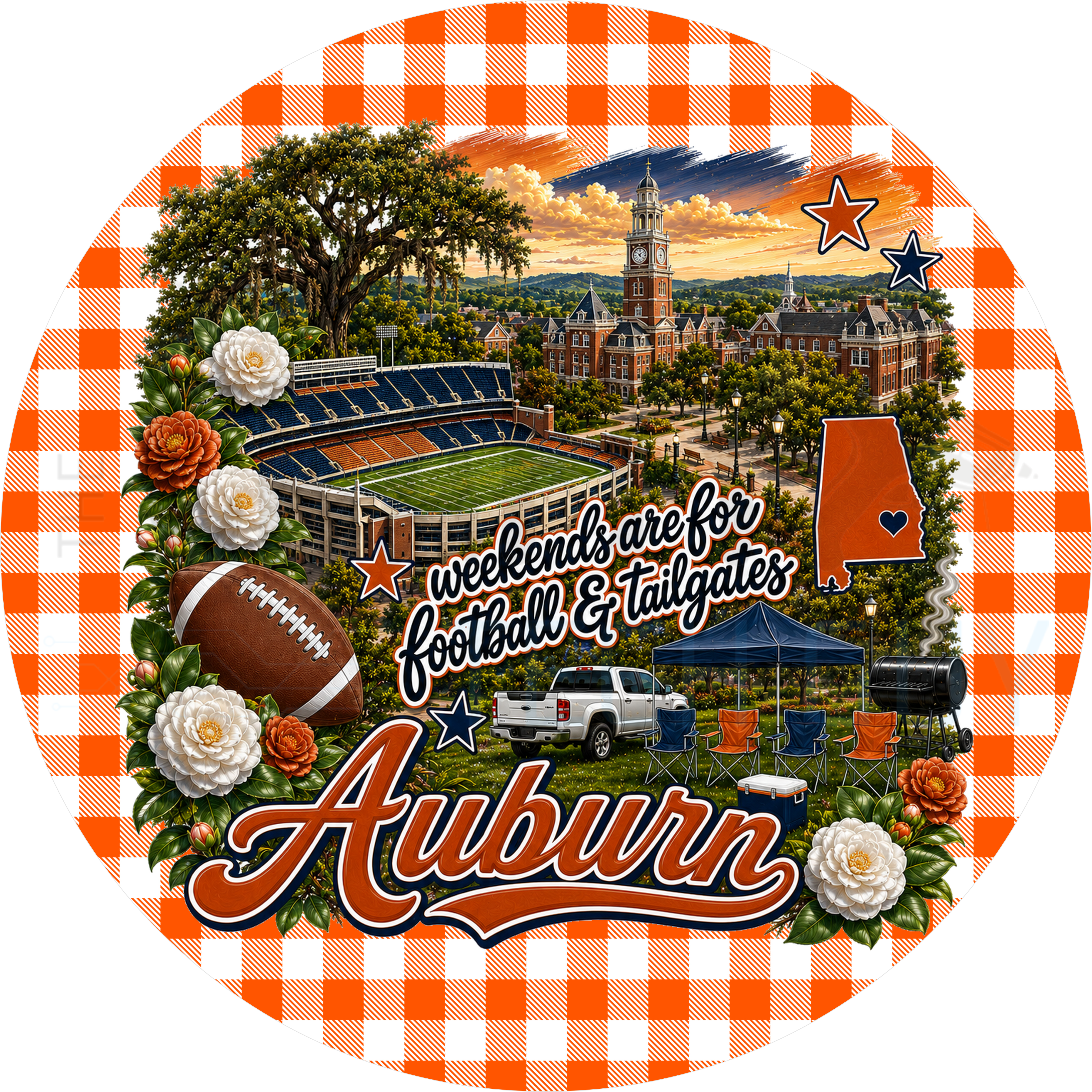 Auburn football tailgate round wreath sign with orange gingham border, live oaks, brick clock tower, stadium, Alabama state outline and camellias