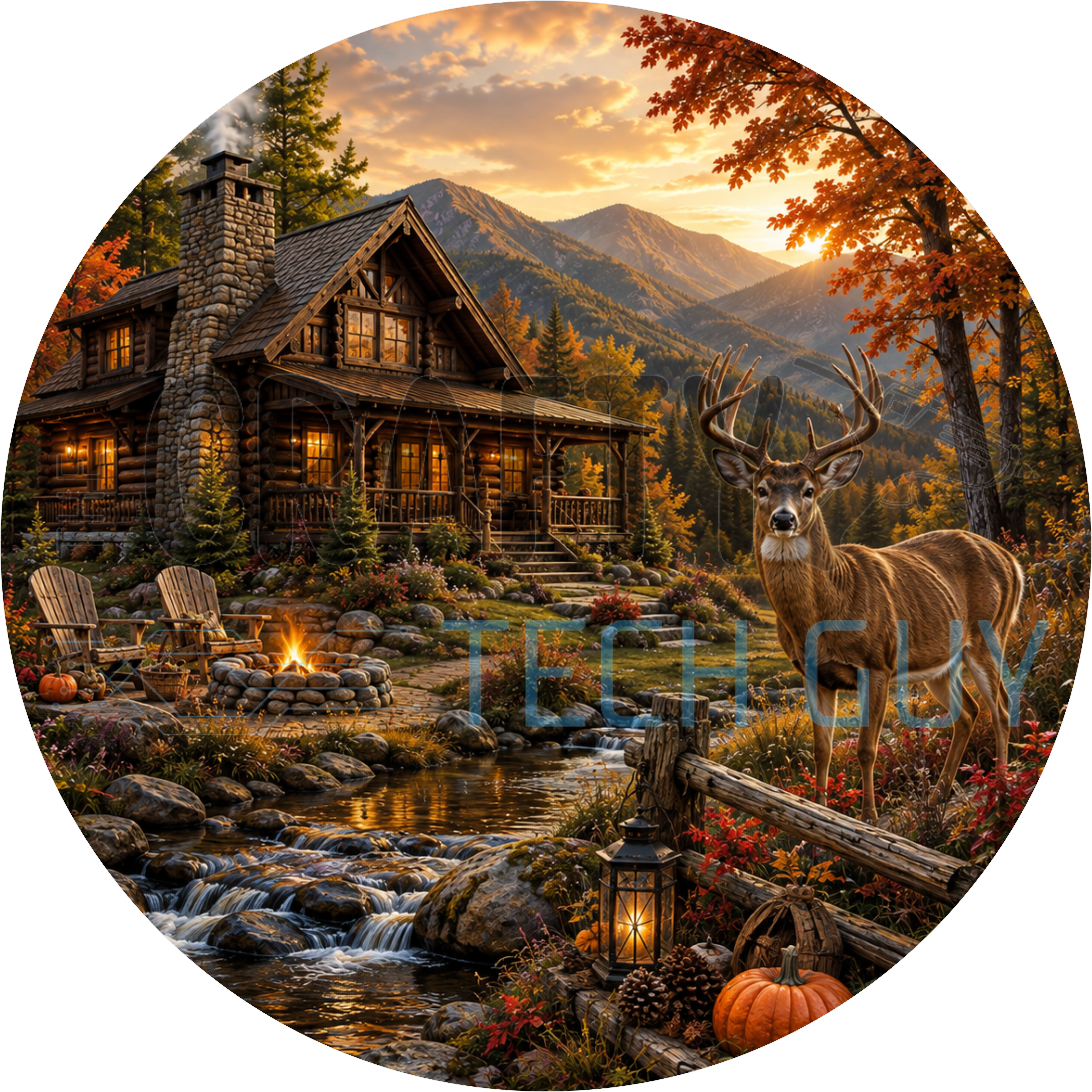 Autumn round wreath sign in coated aluminum, showing a whitetail buck by a log cabin with stacked pumpkins and a fire pit
