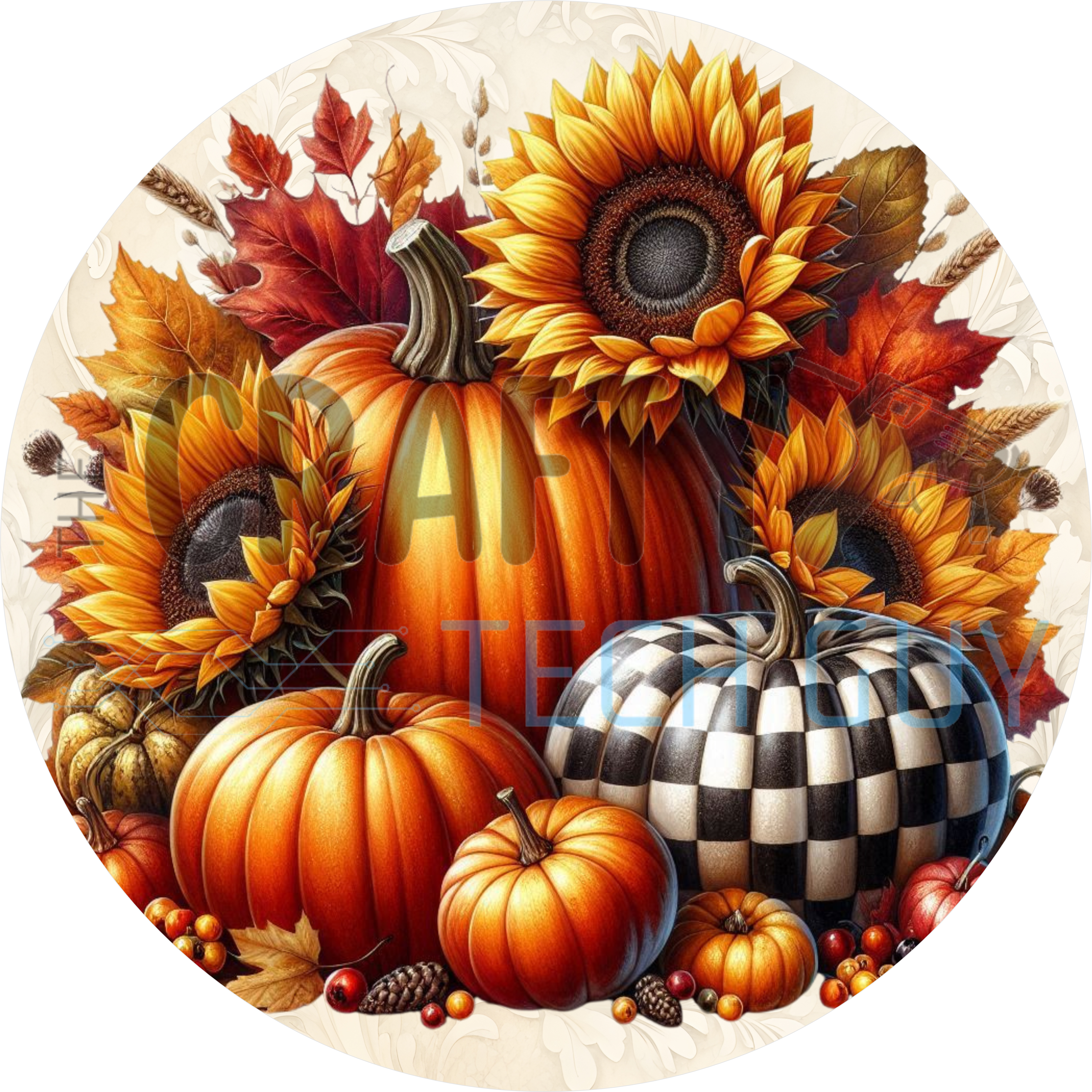 Autumn round sign with orange pumpkins, black and white checkered pumpkin, sunflowers, maple leaves and wheat on cream damask
