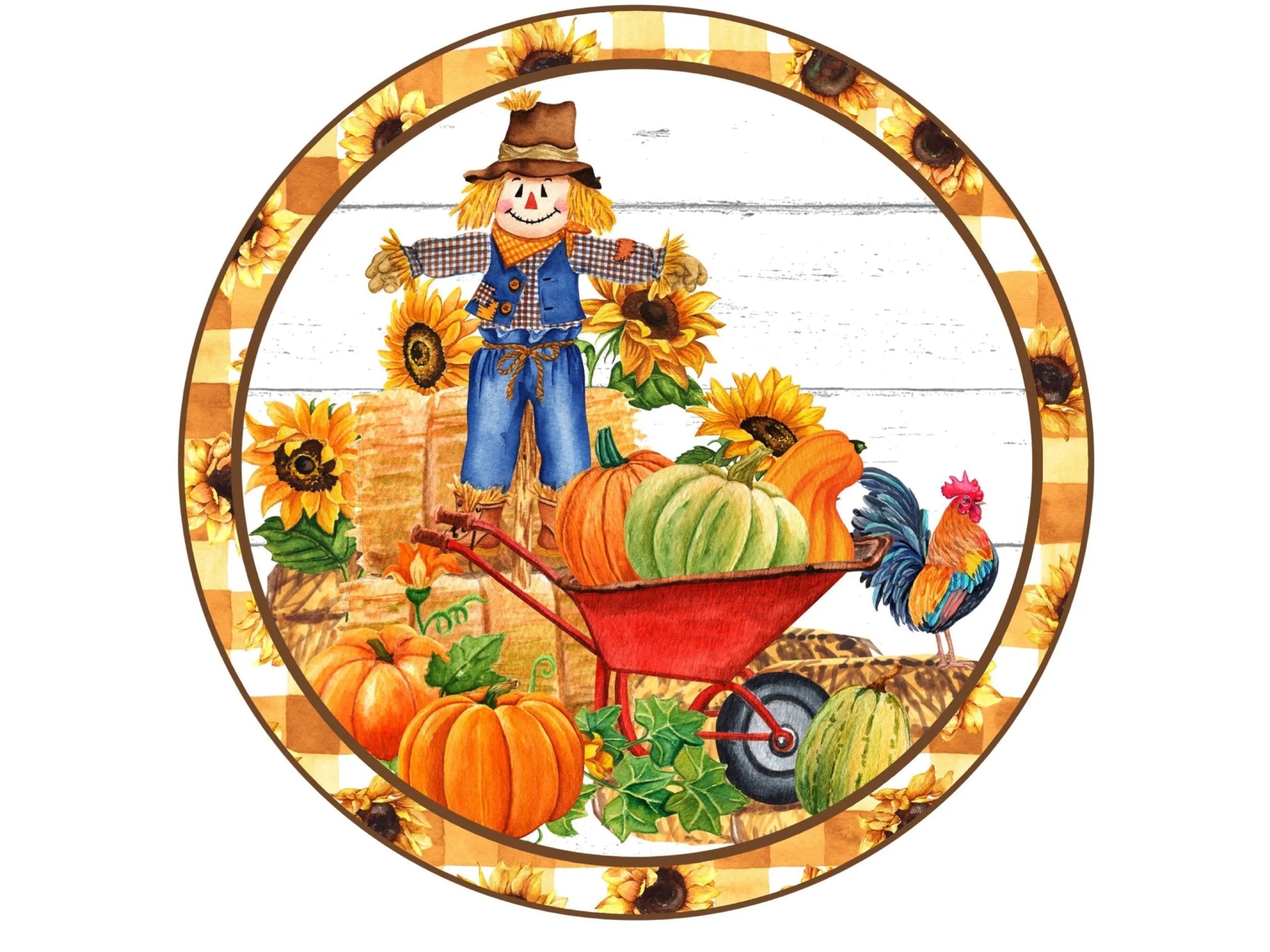 autumn scarecrow wheelbarrow pumpkin wreath Sign, fall pumpkin wreath attachment, scarecrow wall art, pumpkin patch sign, fall party