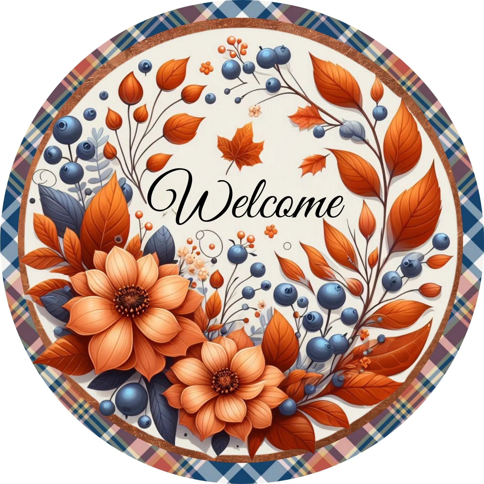 Autumn Welcome Sign with Floral and Plaid Border, Rustic Fall Farmhouse Decor, Seasonal Wreath Accent for Home, Front Door Decoration