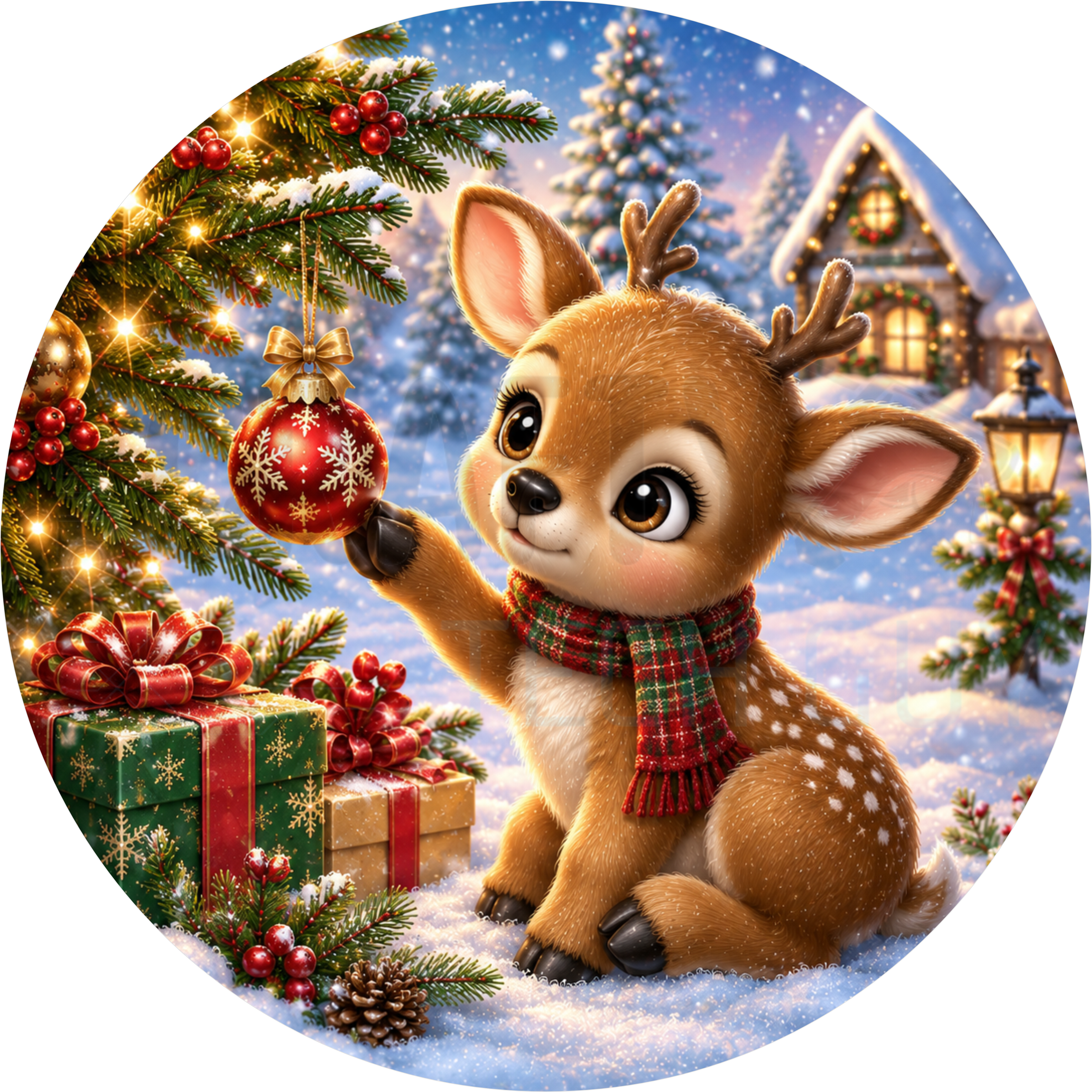 Christmas round wreath sign in coated aluminum, showing a baby fawn in a plaid scarf holding a red ornament beside gifts and a glowing cottage