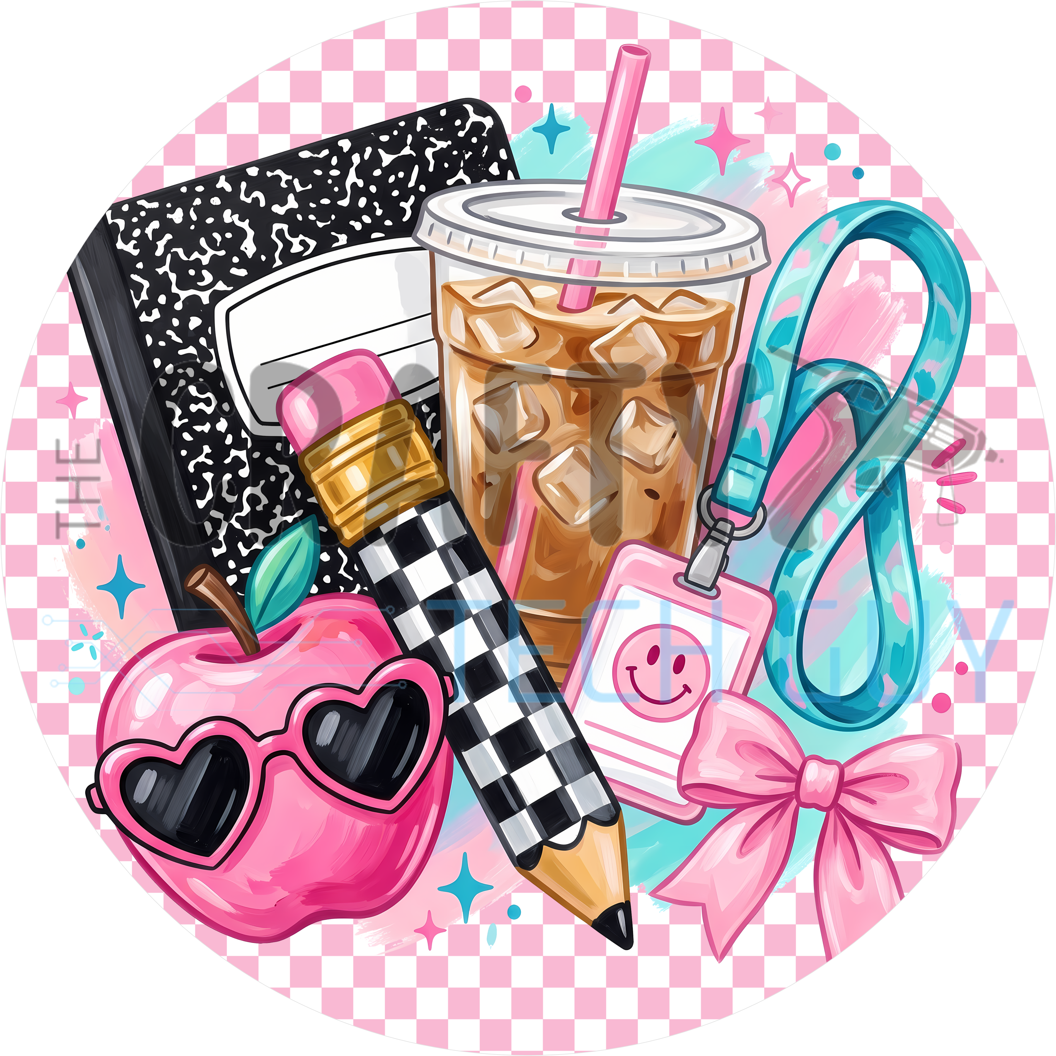 Back to school pink checkered round sign with composition notebook, iced coffee, pencil, teacher lanyard and pink apple in heart sunglasses