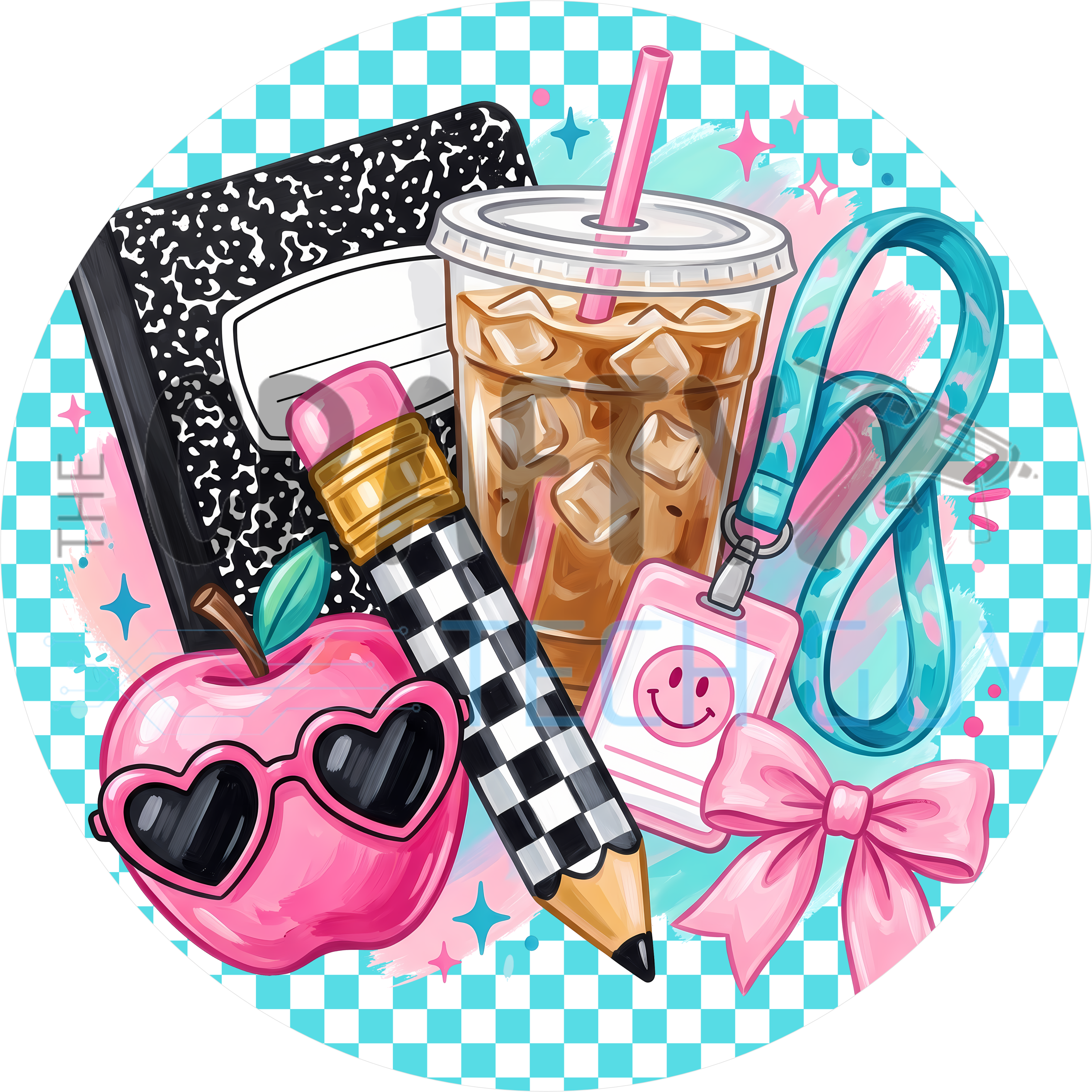 Back to school teal checkered round sign with composition notebook, iced coffee, pencil, teacher lanyard and pink apple in heart sunglasses