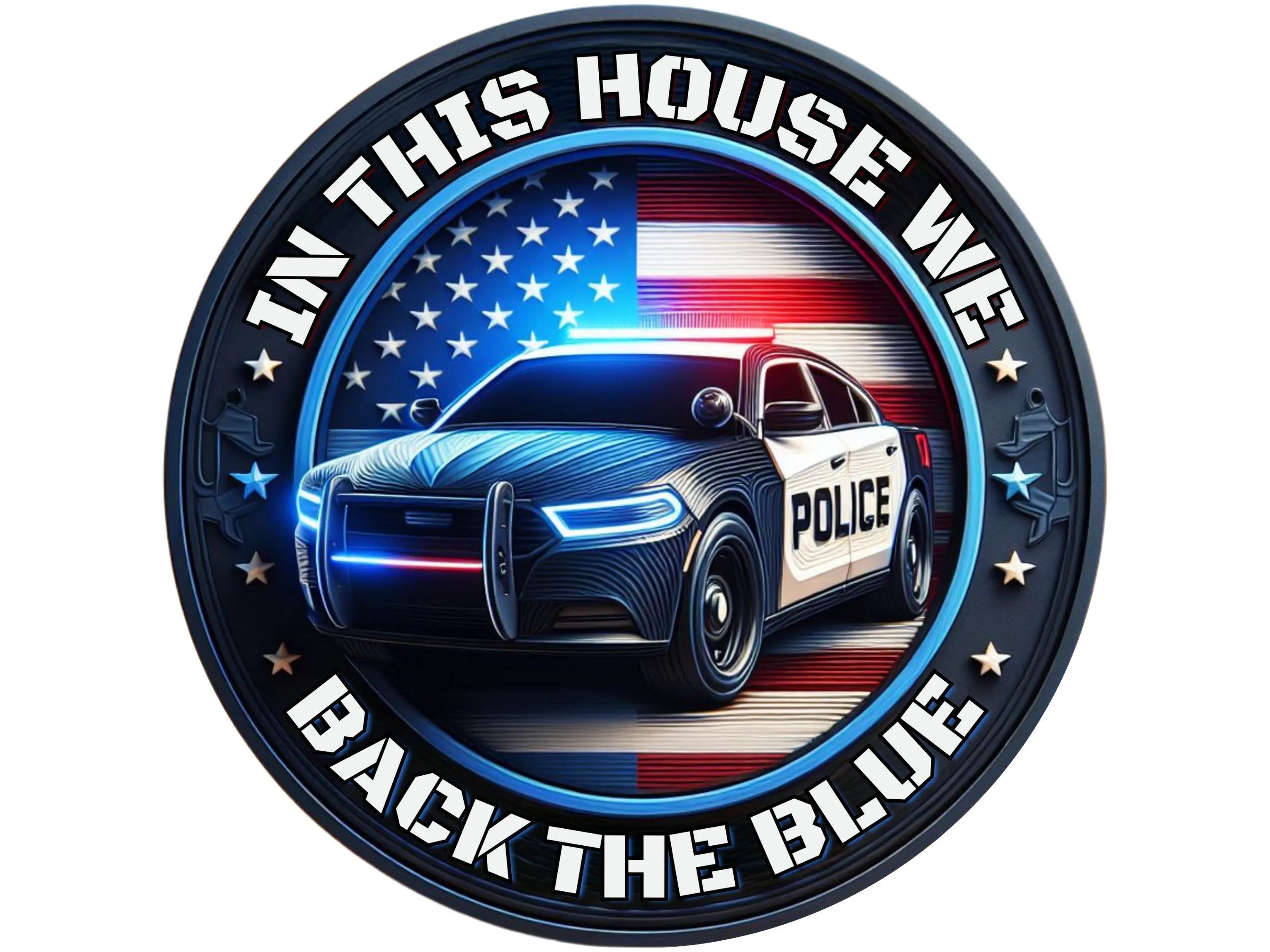 back the blue police support metal wreath sign, sign for police department, police car and American flag wall art