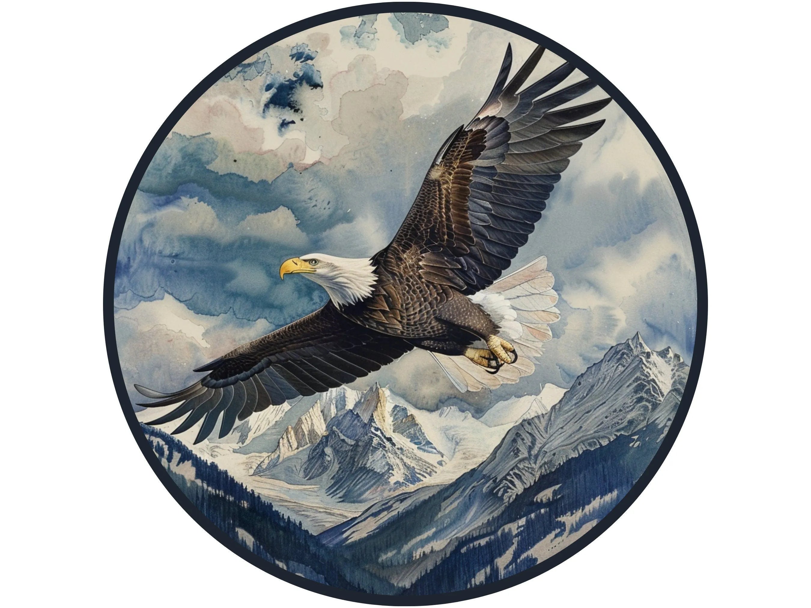 bald eagle flying in mountains to the left wreath sign, American bald eagle sign, USA eagle sign, realistic bald eagle wreath attachment