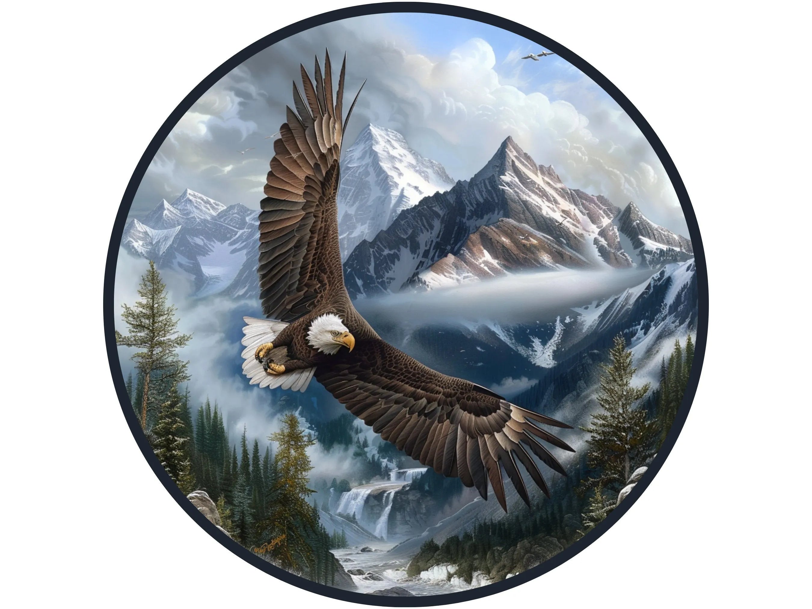 bald eagle flying in mountains to the right wreath sign, American bald eagle sign, USA eagle sign, realistic bald eagle wreath attachment