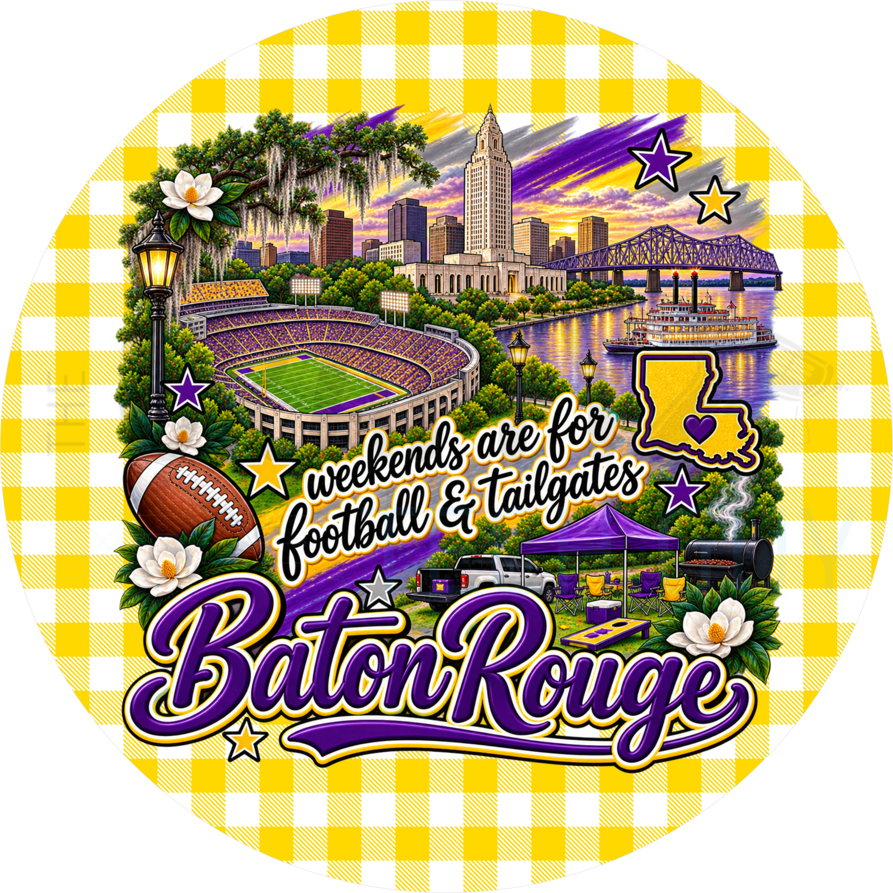Baton Rouge football tailgate round wreath sign with yellow gingham border, capitol tower, riverboat, stadium, Louisiana state outline and magnolias