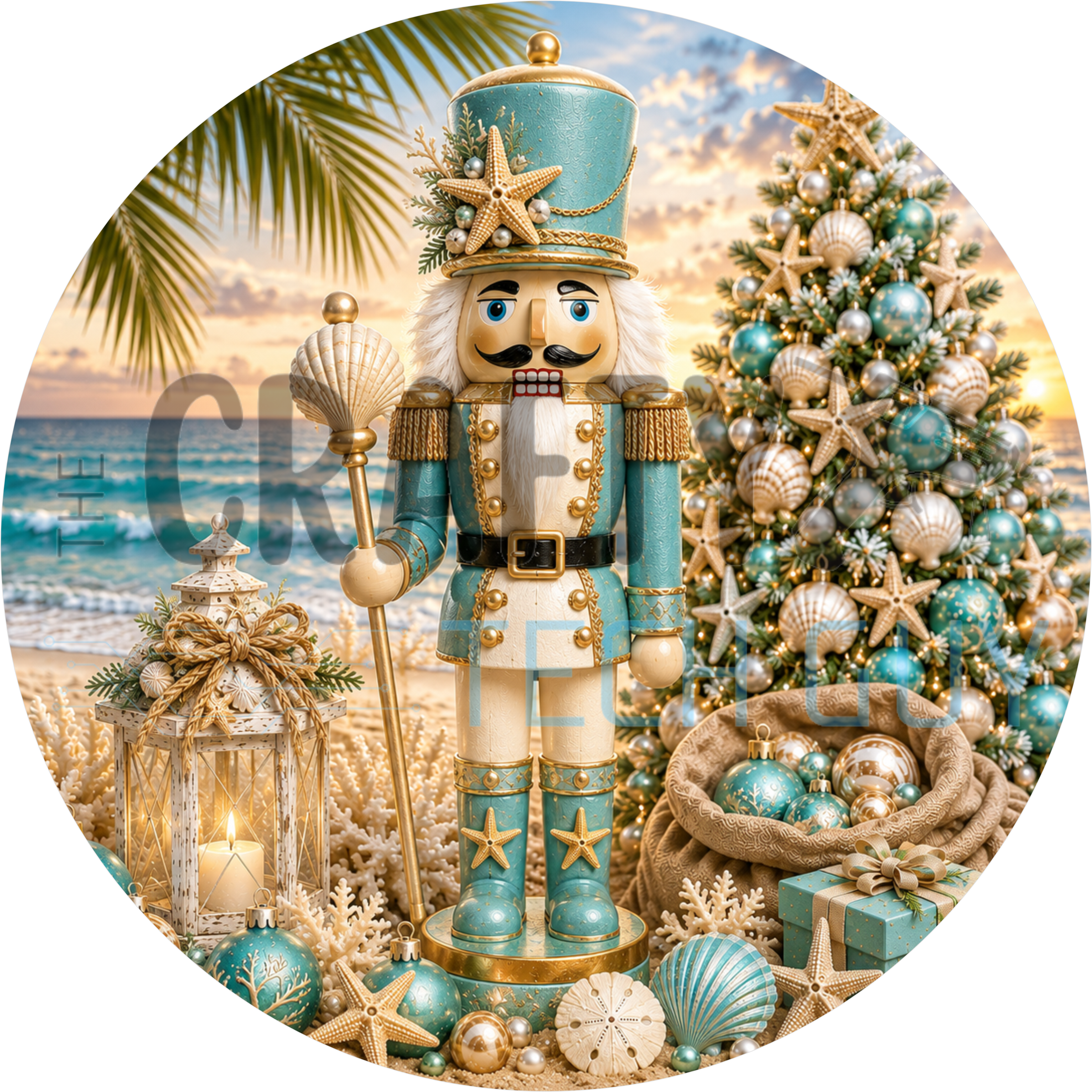 Coastal beach Christmas round sign with teal and gold nutcracker soldier, seashell tree, starfish, lantern and palm fronds at sunset