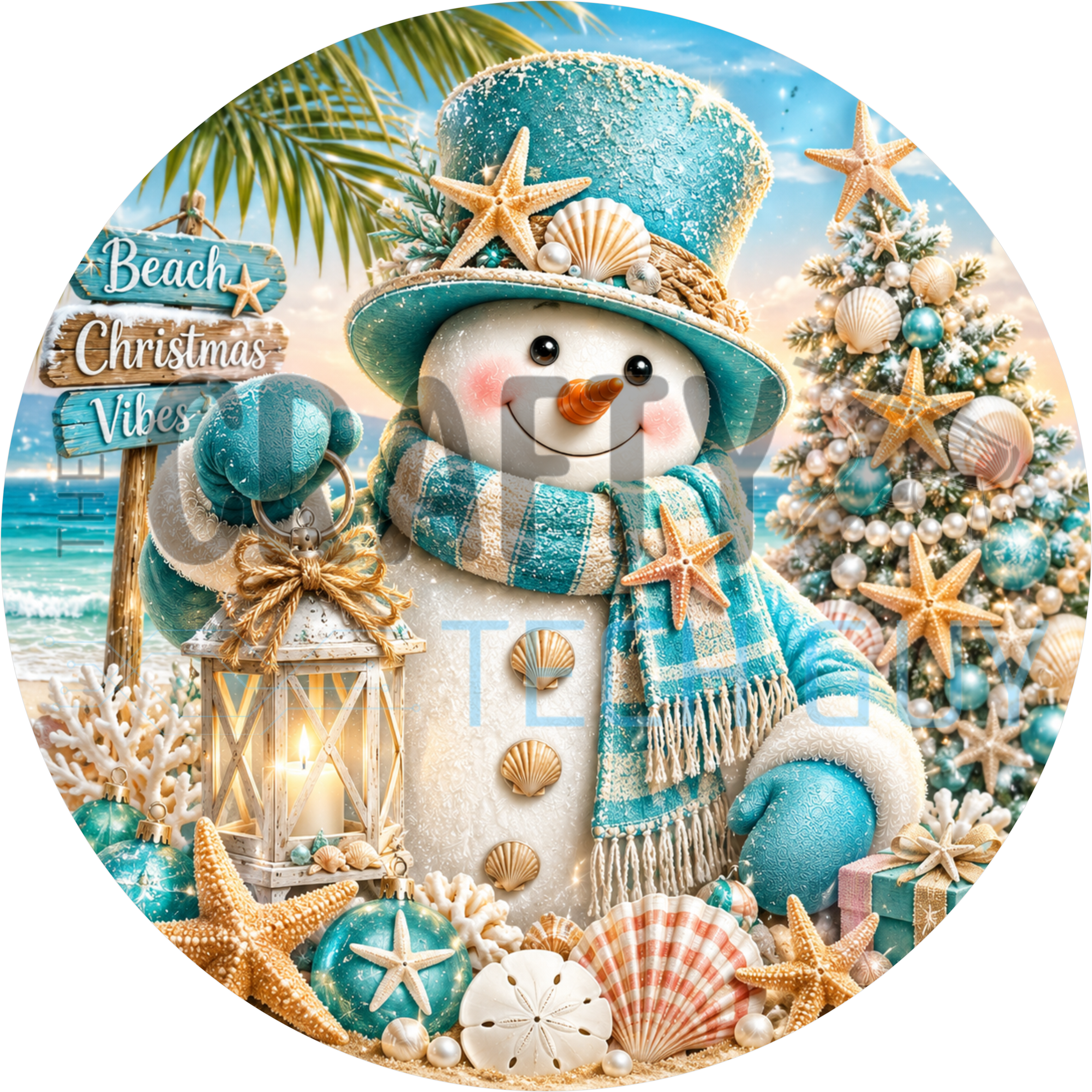 Beach Christmas Vibes round sign with turquoise snowman, lantern, seashell Christmas tree, starfish and palm fronds on a sunny shore