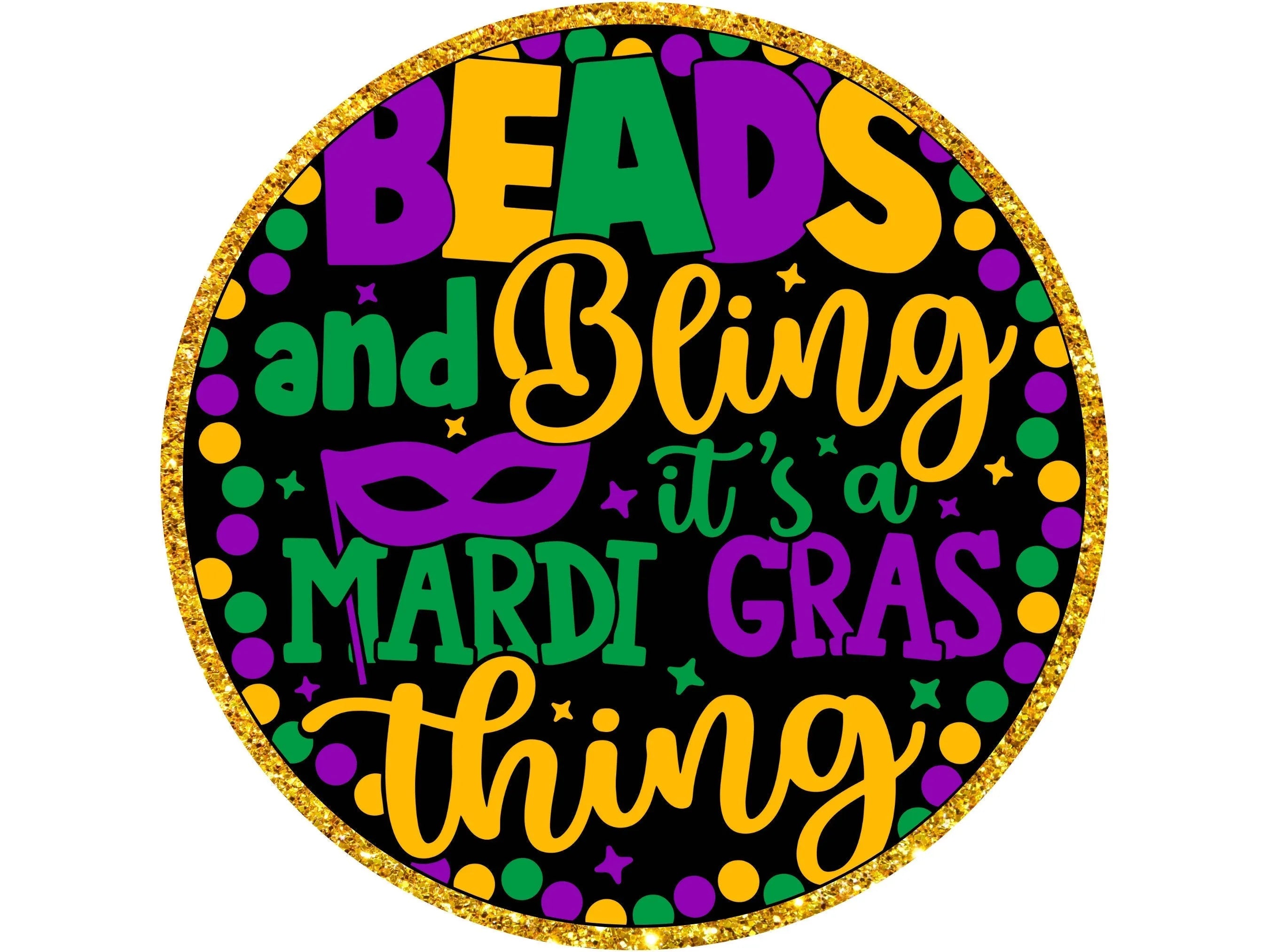 beads and bling Mardi Gras mask wreath sign, gold glitter fun jazz festival party wall art, Louisiana festival sign