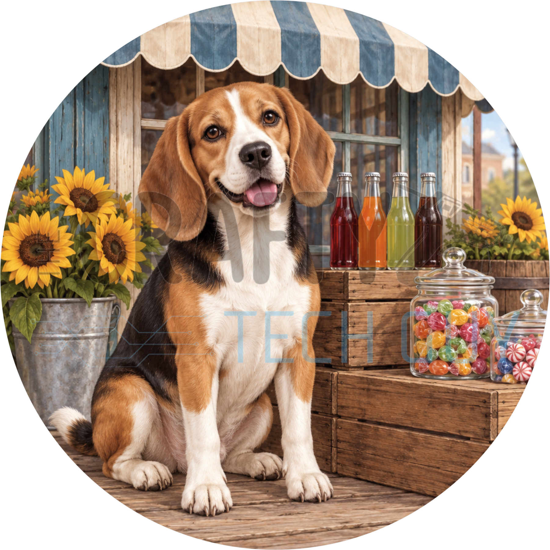 Beagle round wreath sign sitting on a country store porch with glass soda bottles, candy jars and buckets of sunflowers