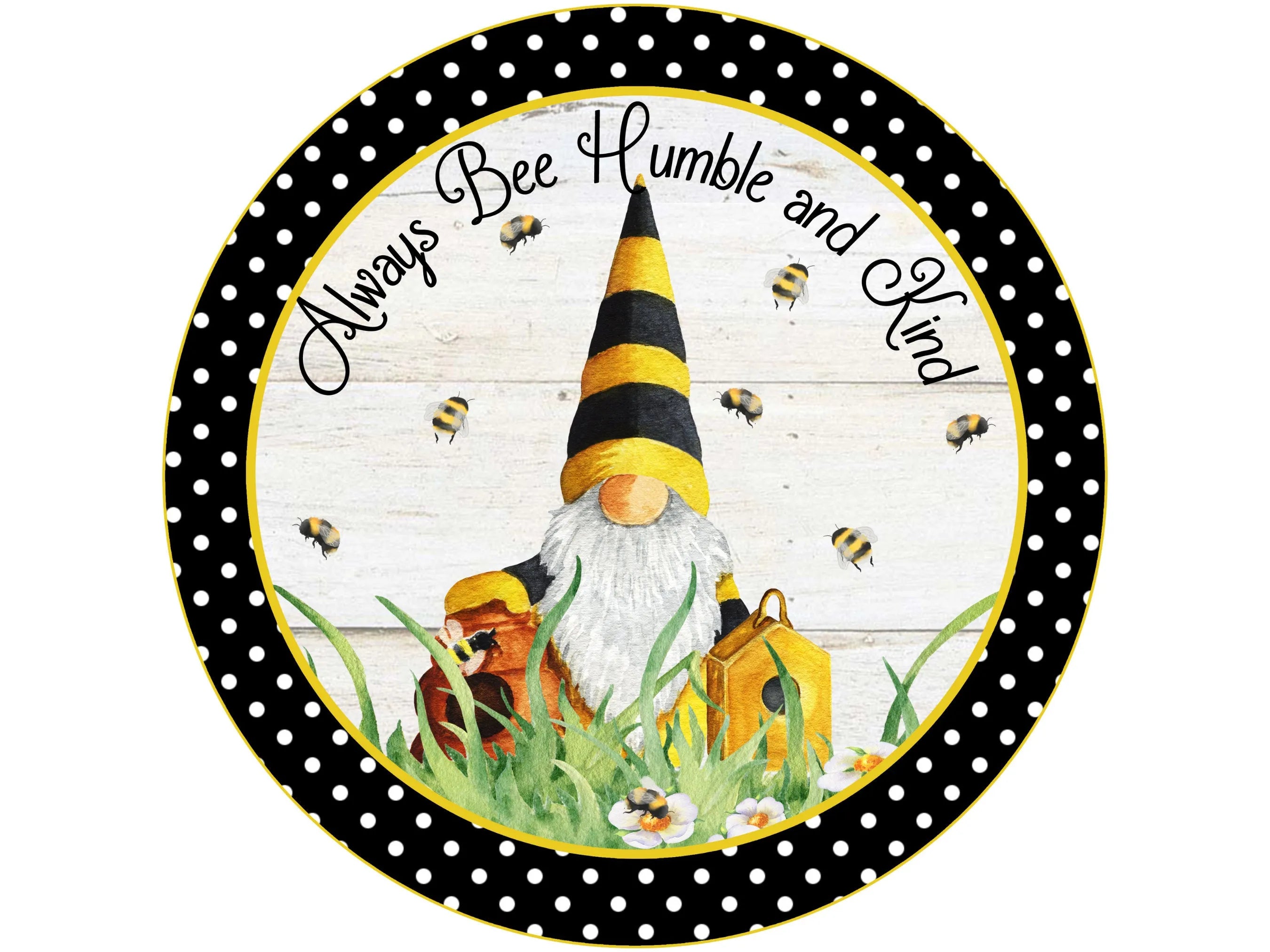 bee kind gnome polka dot yellow sunflower wreath sign, gnome dressed as a bee farmhouse wall art