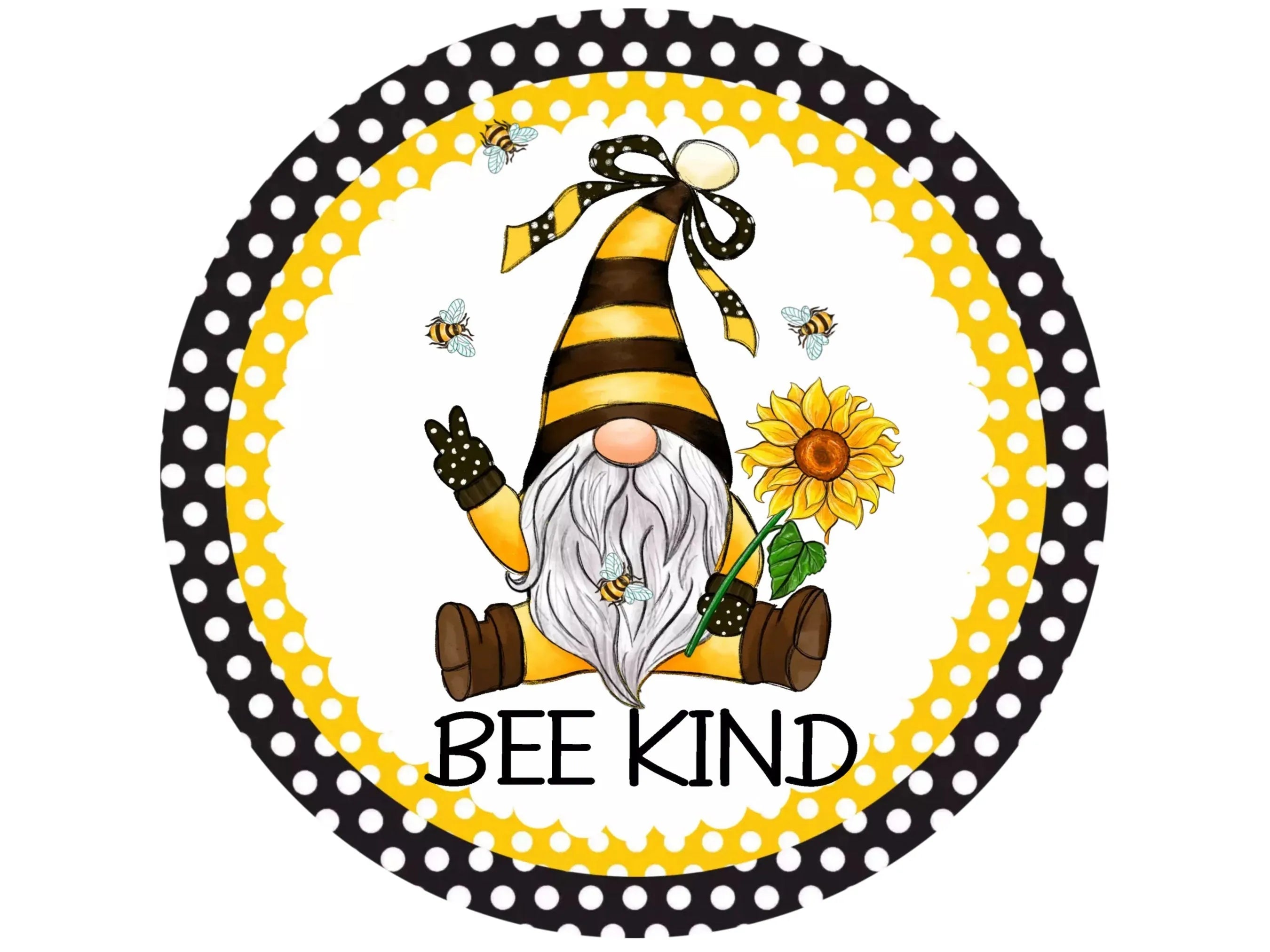 bee kind gnome polka dot yellow sunflower wreath sign, gnome dressed as a bee farmhouse wall art