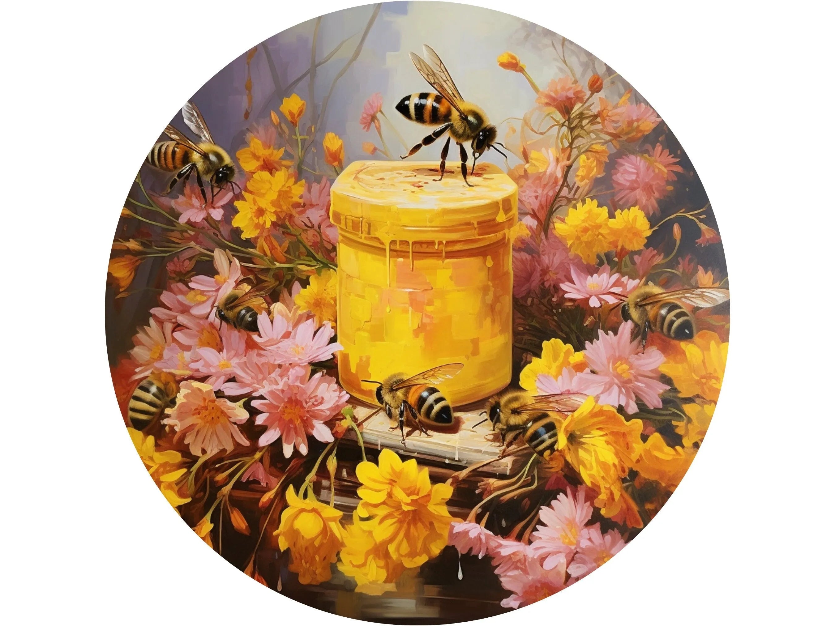 bees and honey with flowers painting wreath sign, amber honey realistic bees wall art, bee picnic