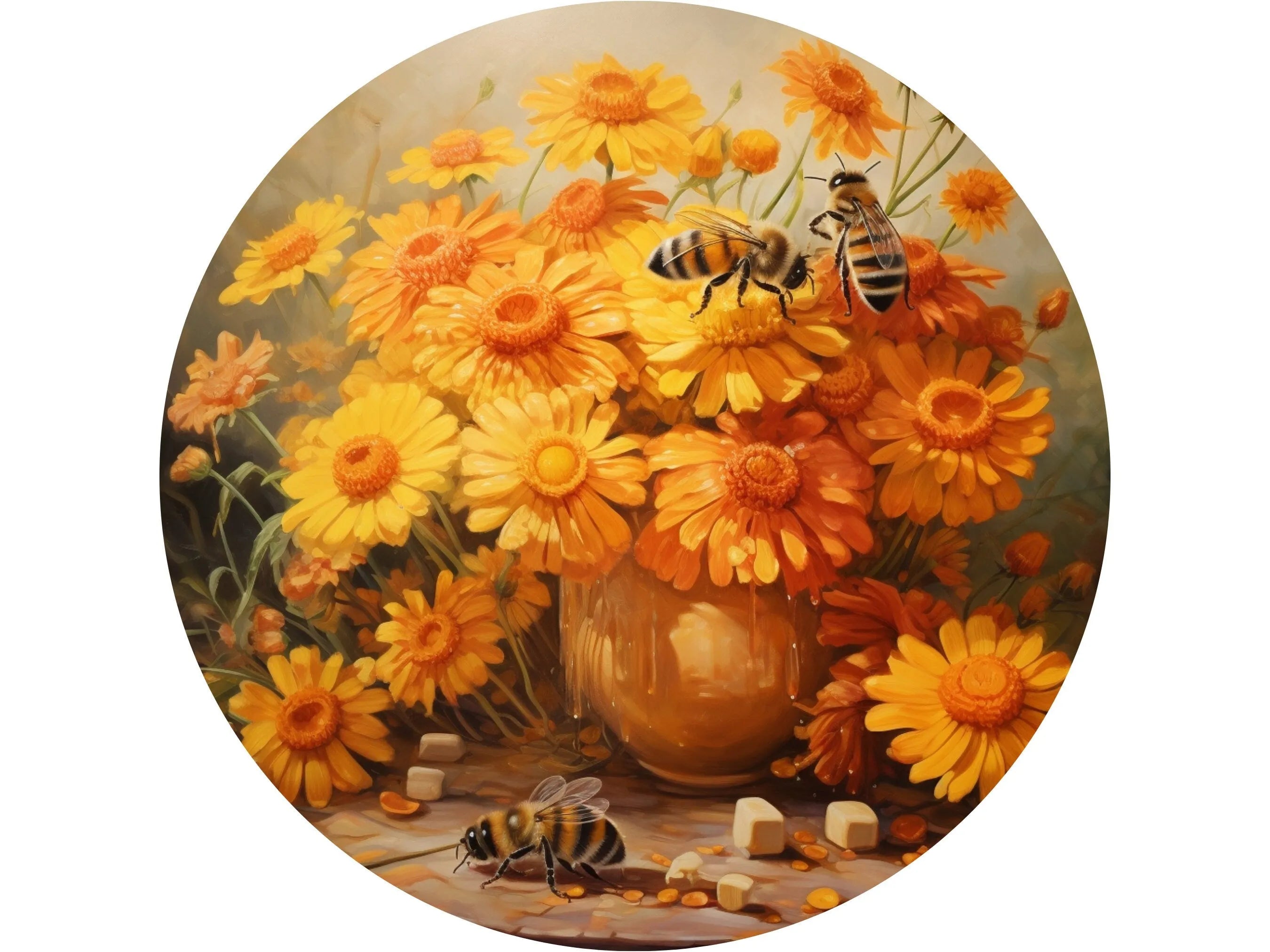 bees and honey with yellow flowers painting wreath sign, amber honey realistic bees wall art