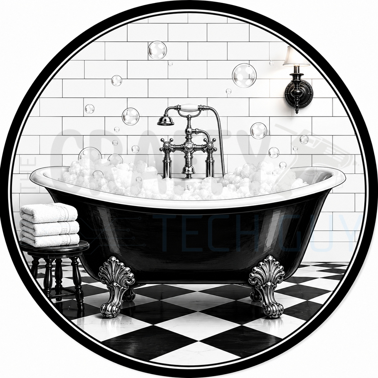 Round bathroom wreath sign in coated aluminum, showing a black clawfoot tub full of bubbles against white subway tile with towels and a checkered floor