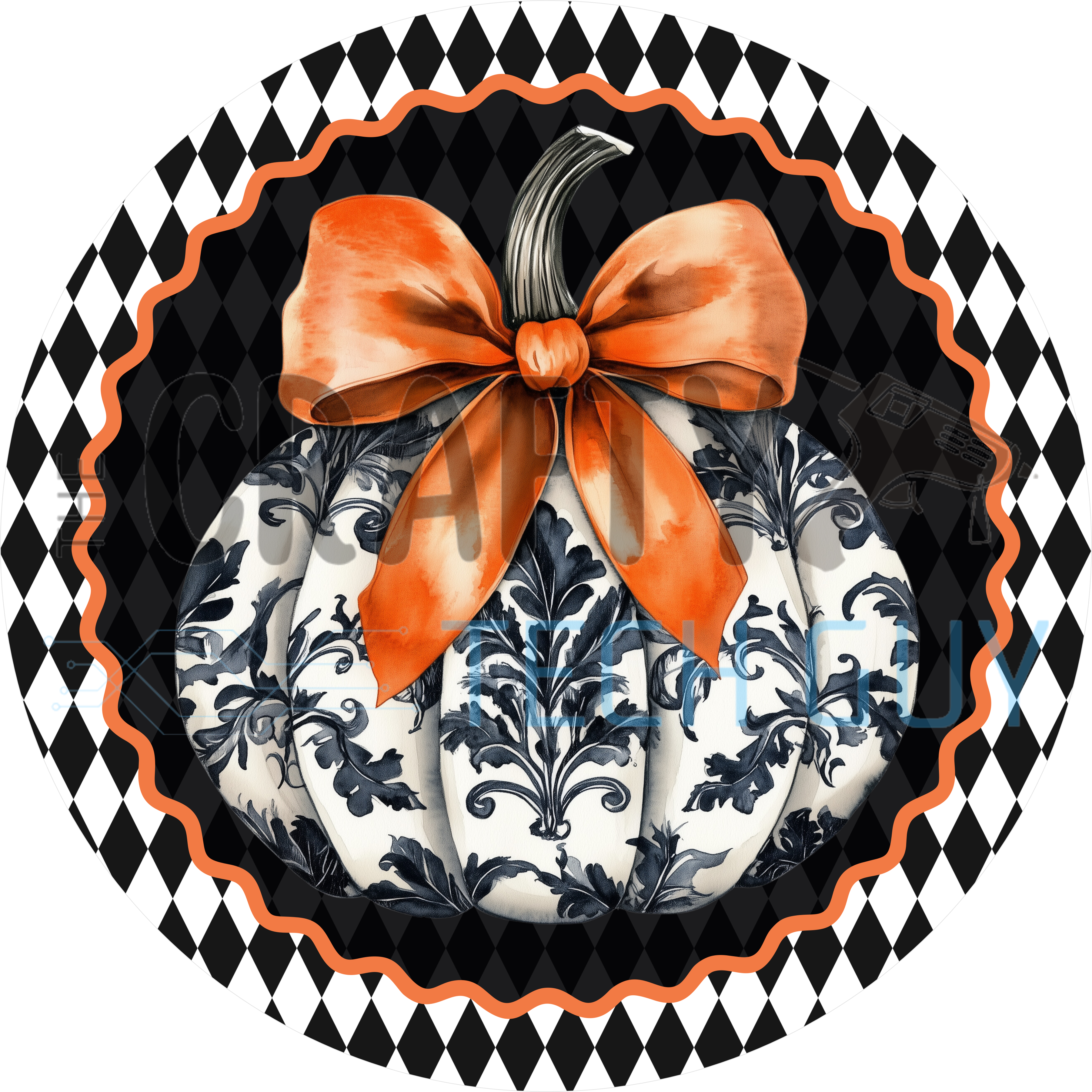Round fall sign with blue and white damask pumpkin, orange bow, orange scalloped ring and black harlequin diamond border
