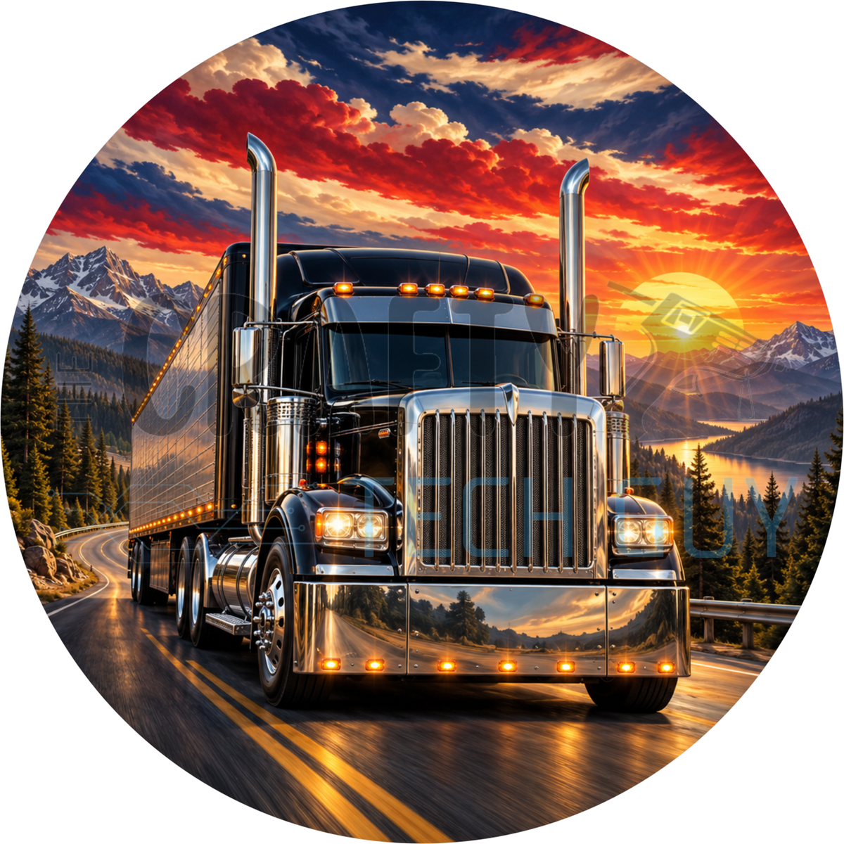 Black long-nose semi truck round wreath sign with chrome stacks on a wet mountain highway at a red-orange sunset