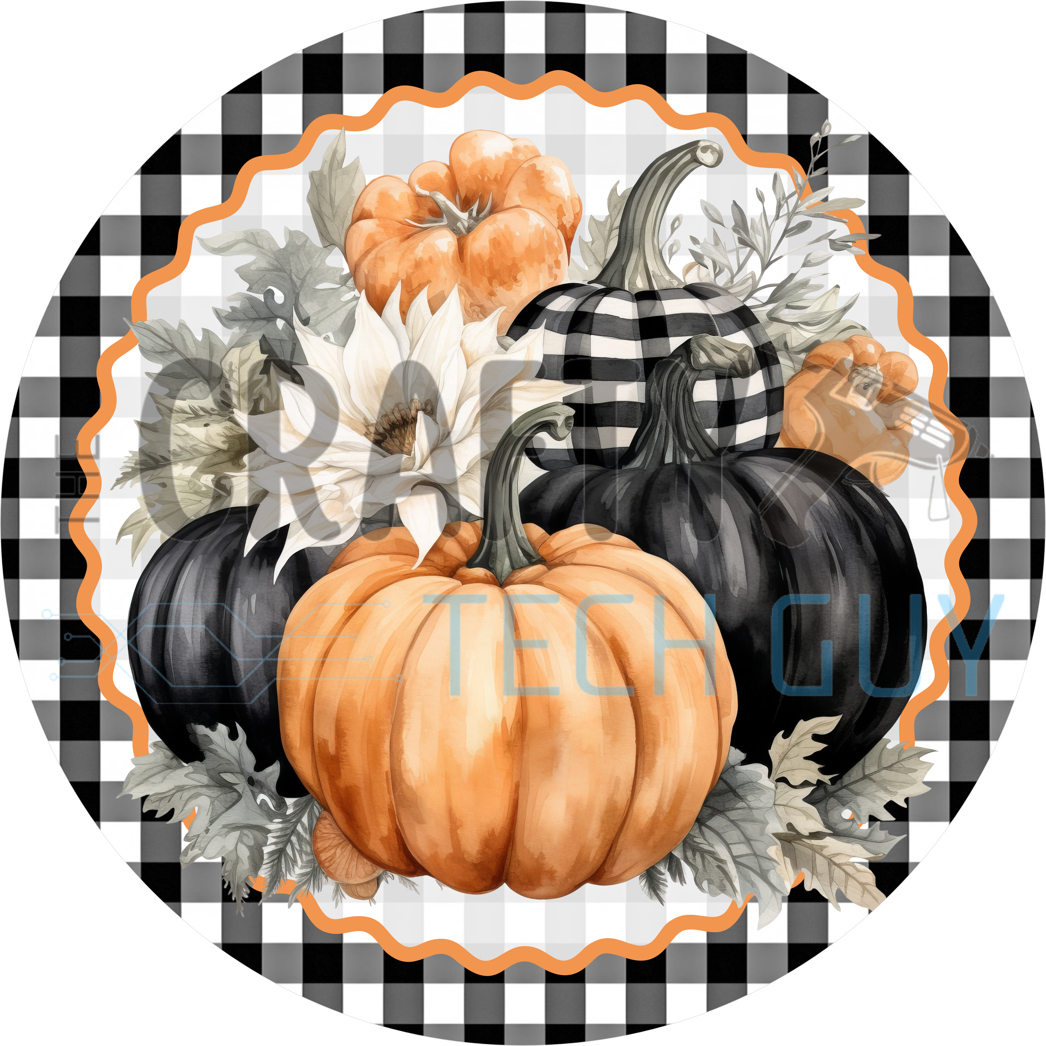 Round fall sign with orange, black and cream pumpkins, white flowers and sage leaves on black and white buffalo check