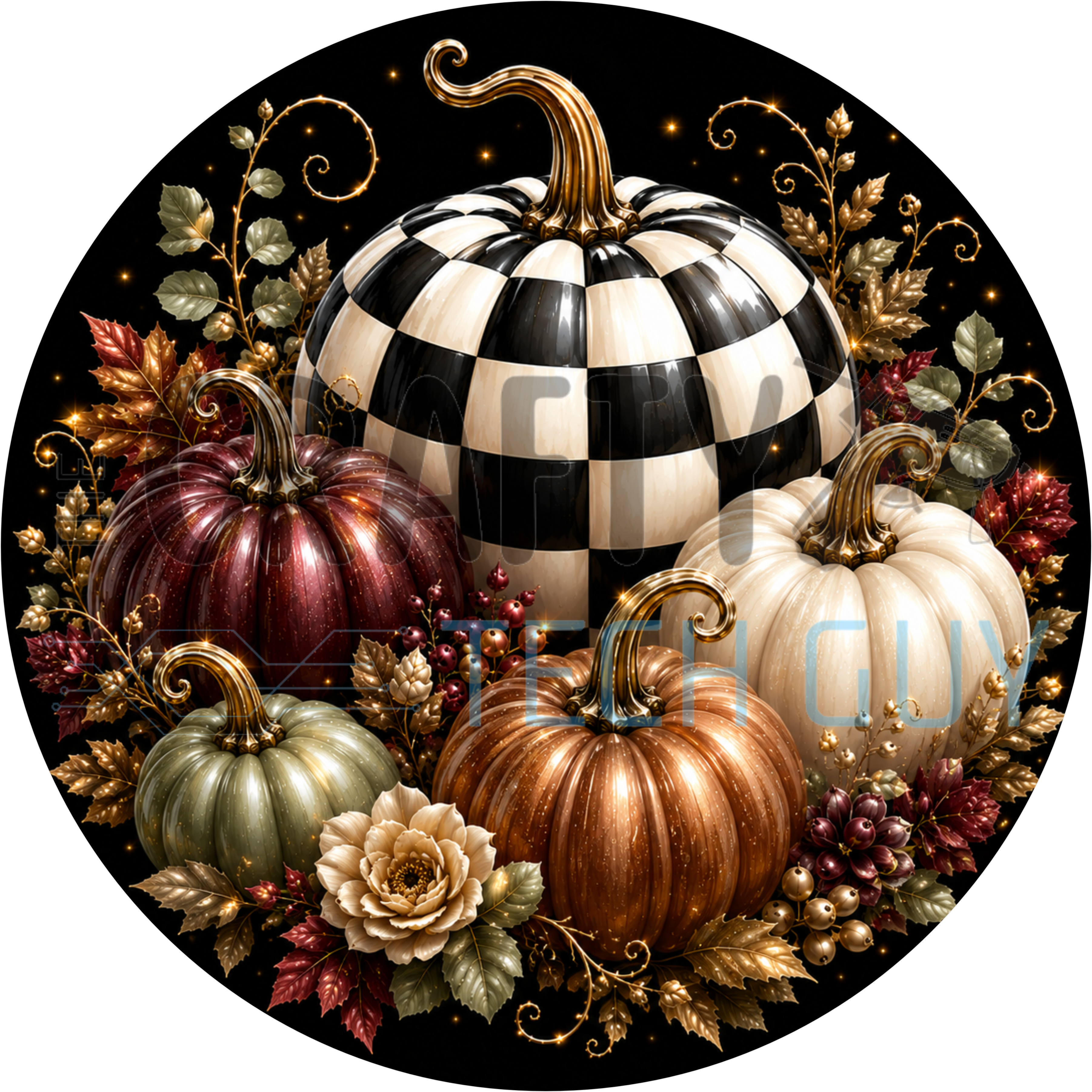 Round fall sign with black and white checkered pumpkin, burgundy, sage and copper pumpkins, roses and gold sparkle on black
