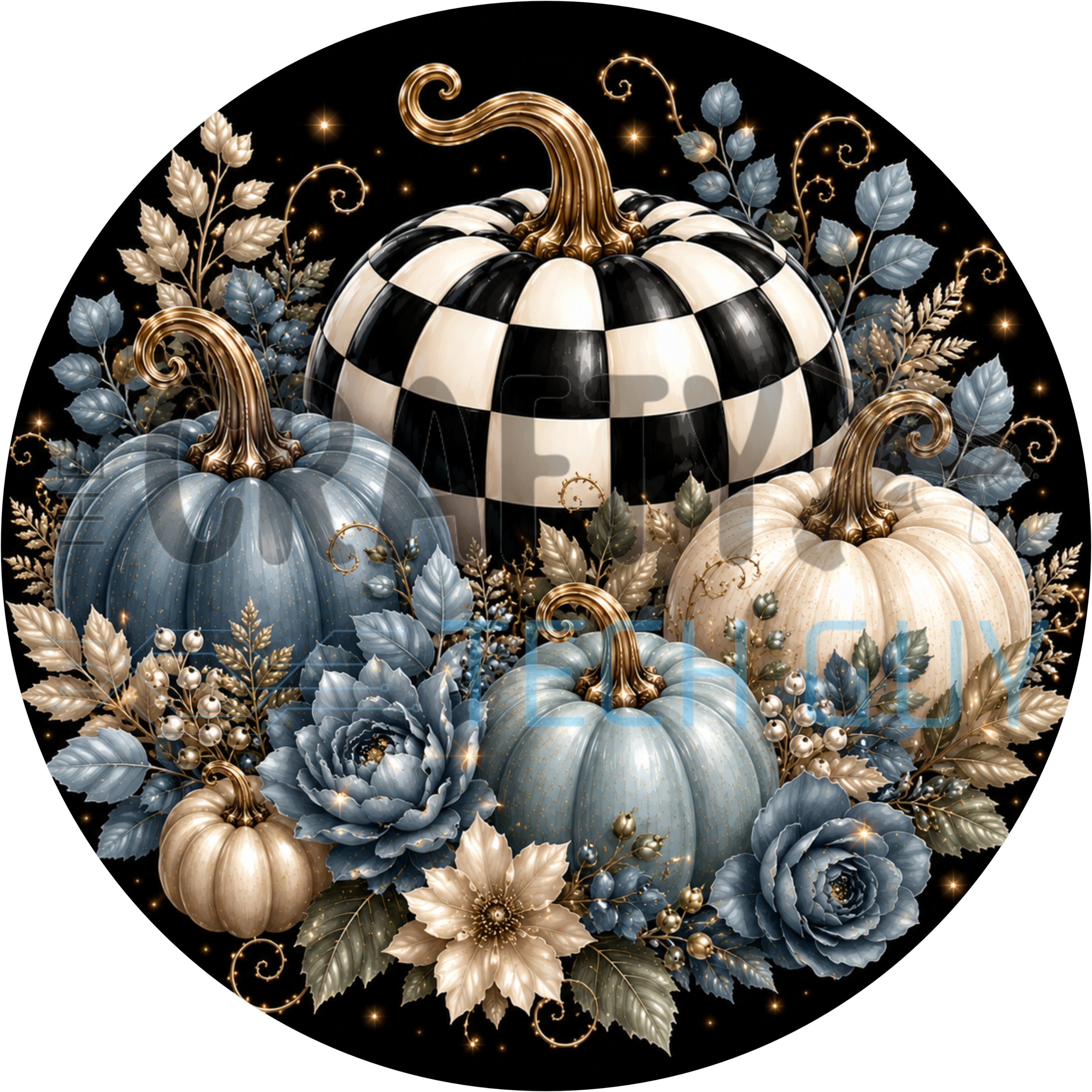 Round fall sign with black and white checkered pumpkin, dusty blue and cream pumpkins, blue roses and gold sparkle on black