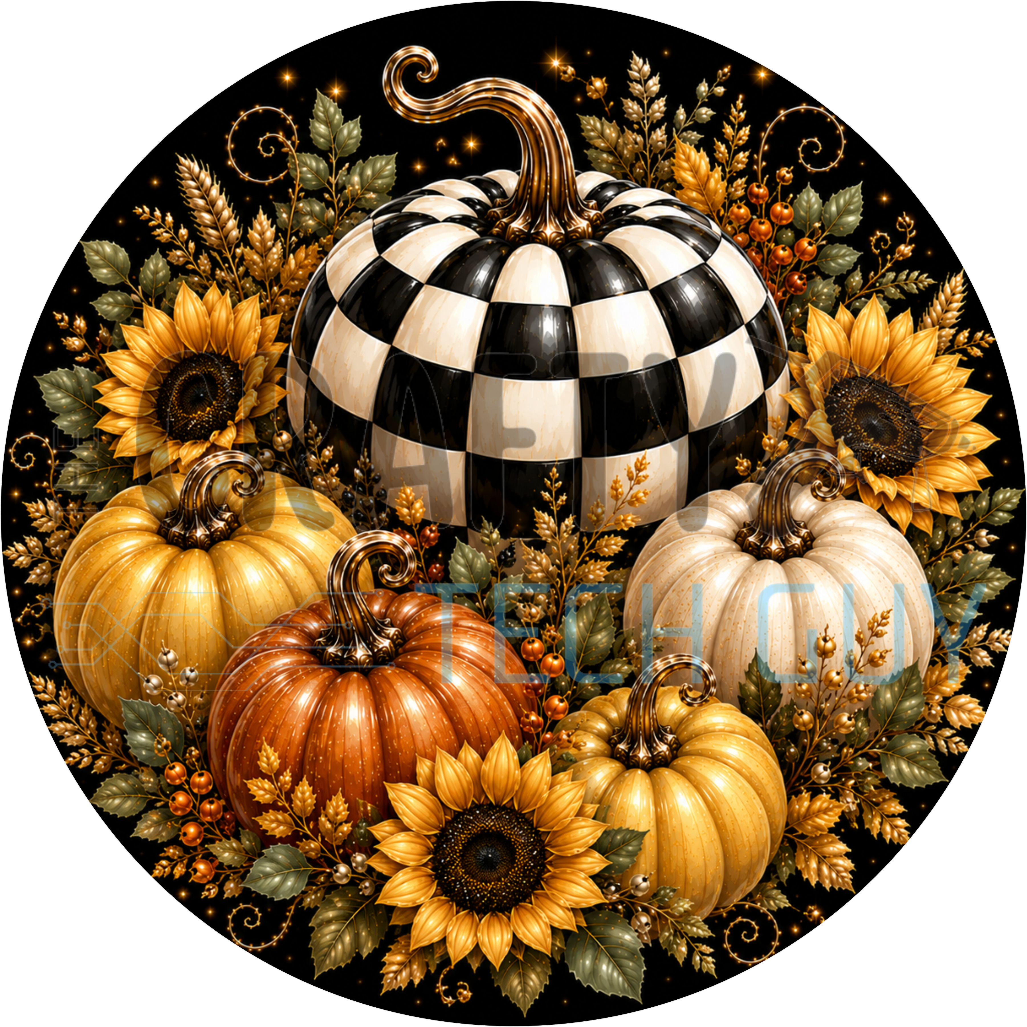 Round fall sign with black and white checkered pumpkin, gold and copper pumpkins, sunflowers and gold sparkle on black