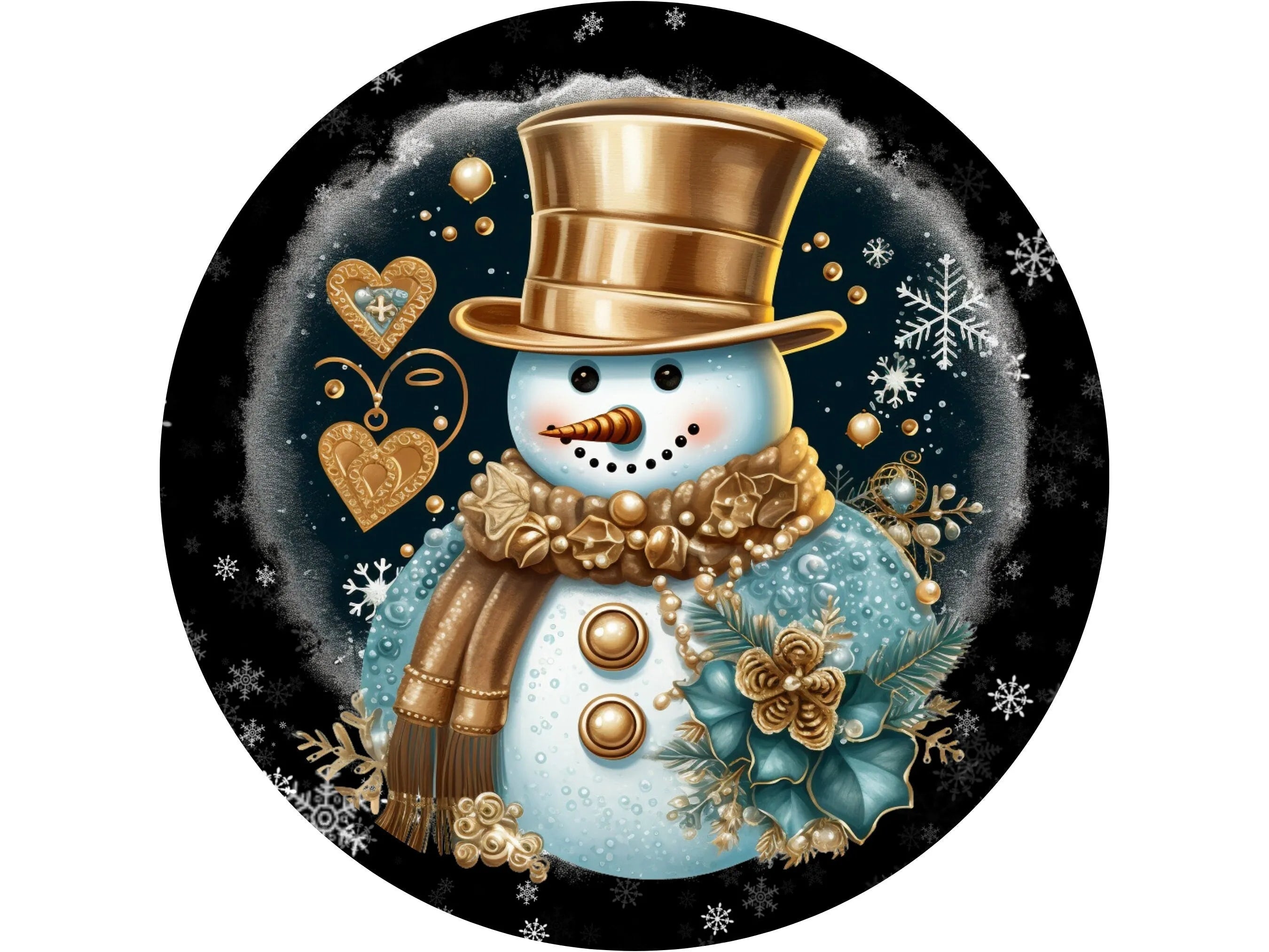 black and gold elegant winter snowman wreath sign, snowman with gold hat and scarf with hearts wall art, sign for Winter, sign for January