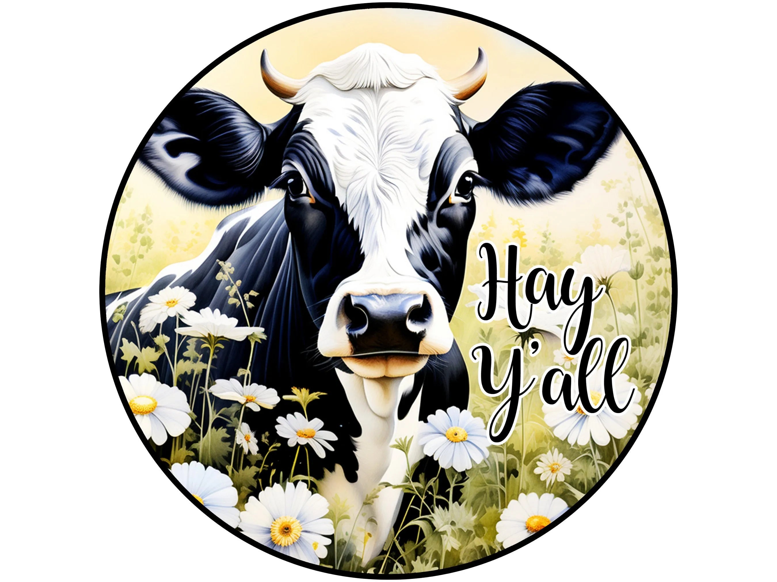 black and white cow hey y'all metal wreath sign, cow and daisies wall art, gift for farmer, farm life sign gift