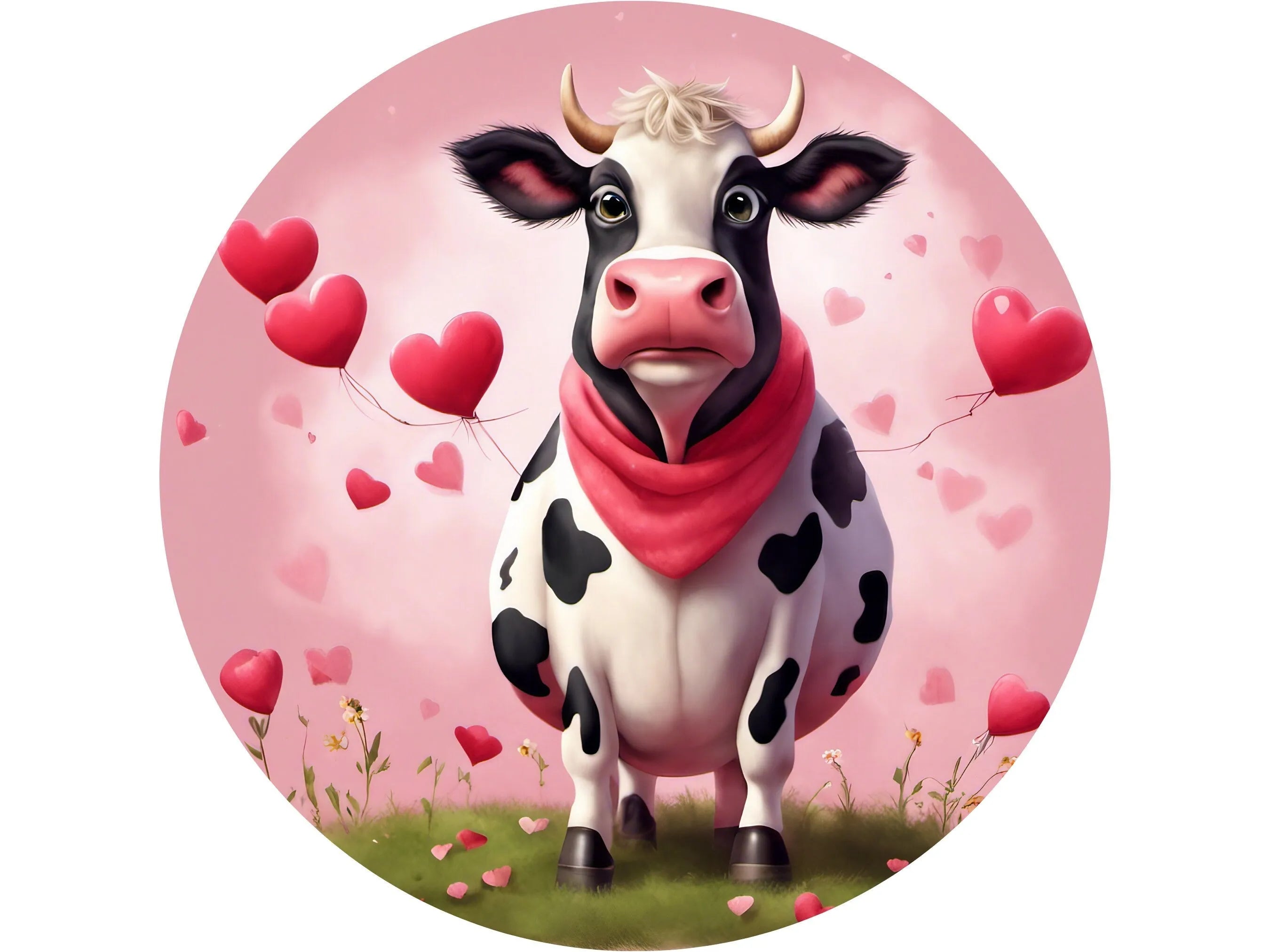 black and white cow in field with hearts wreath sign, Happy Valentine's Day farm life wall art, fat cow with bandana decoration