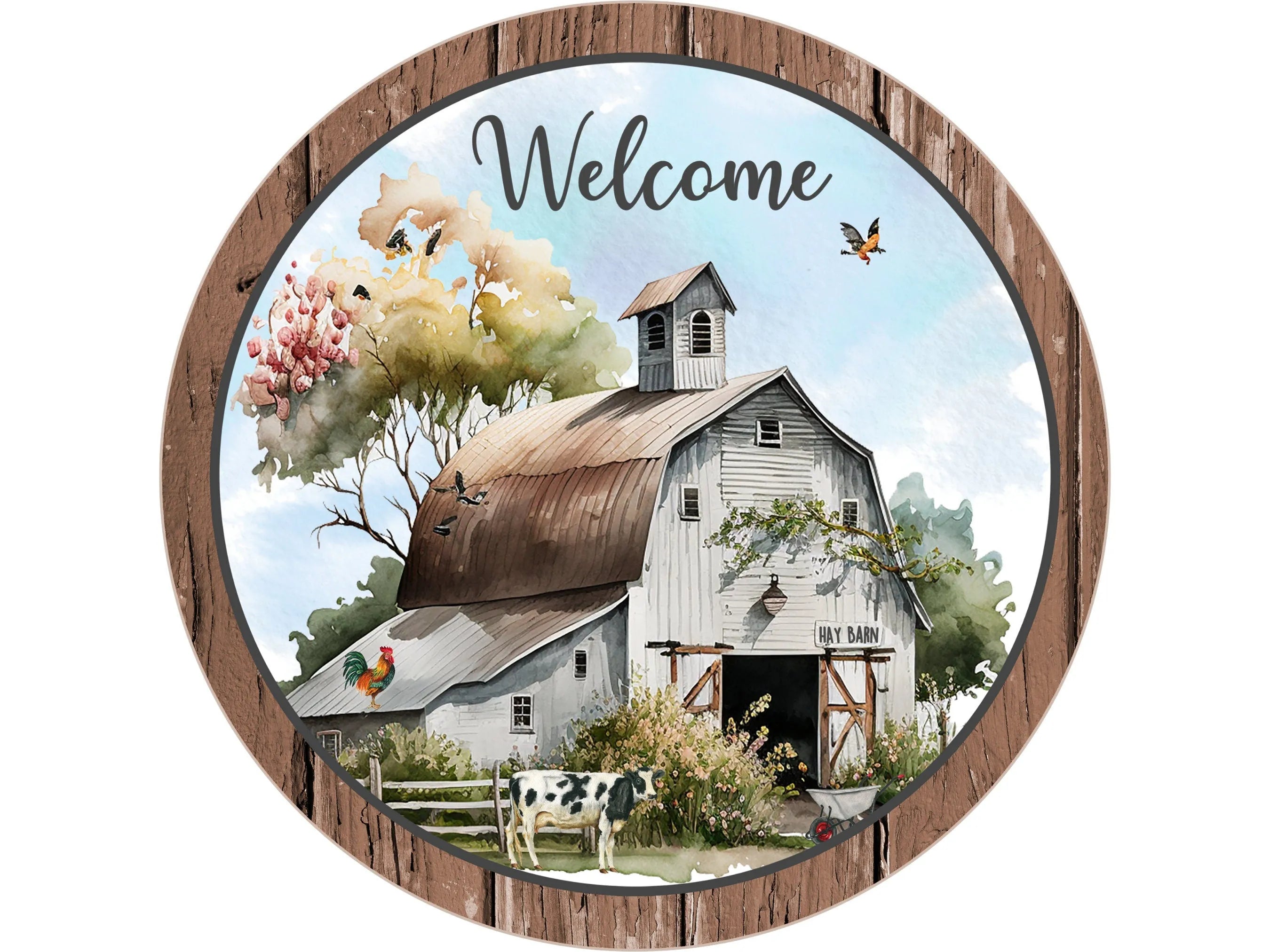 black and white cow welcome wreath sign, cow welcome sign, farm life welcome sign, farmhouse cow sign, cows and pasture sign