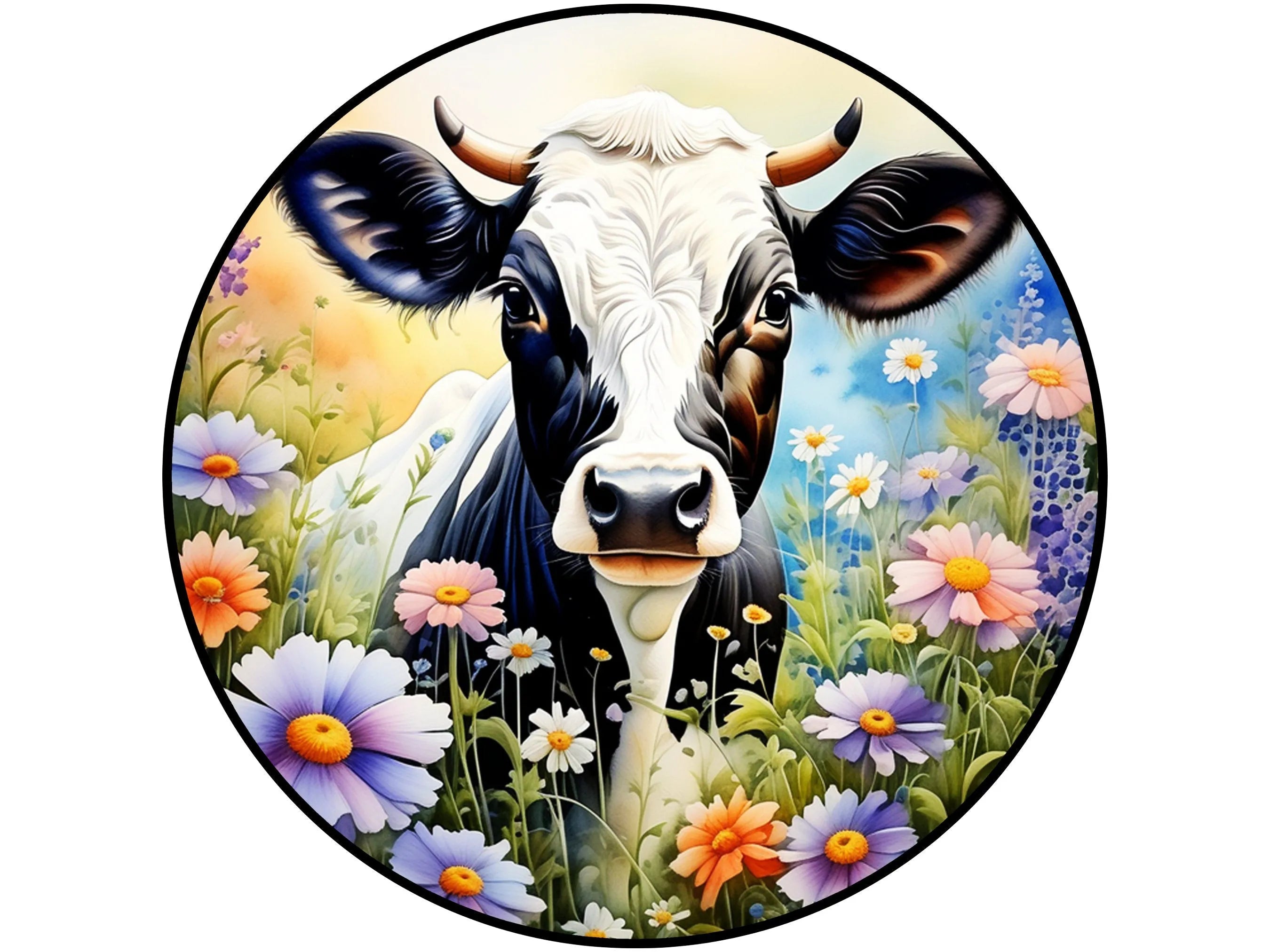 black and white cow with flowers in a field metal wreath sign, cow and daisies wall art, gift for farmer, farm life sign gift