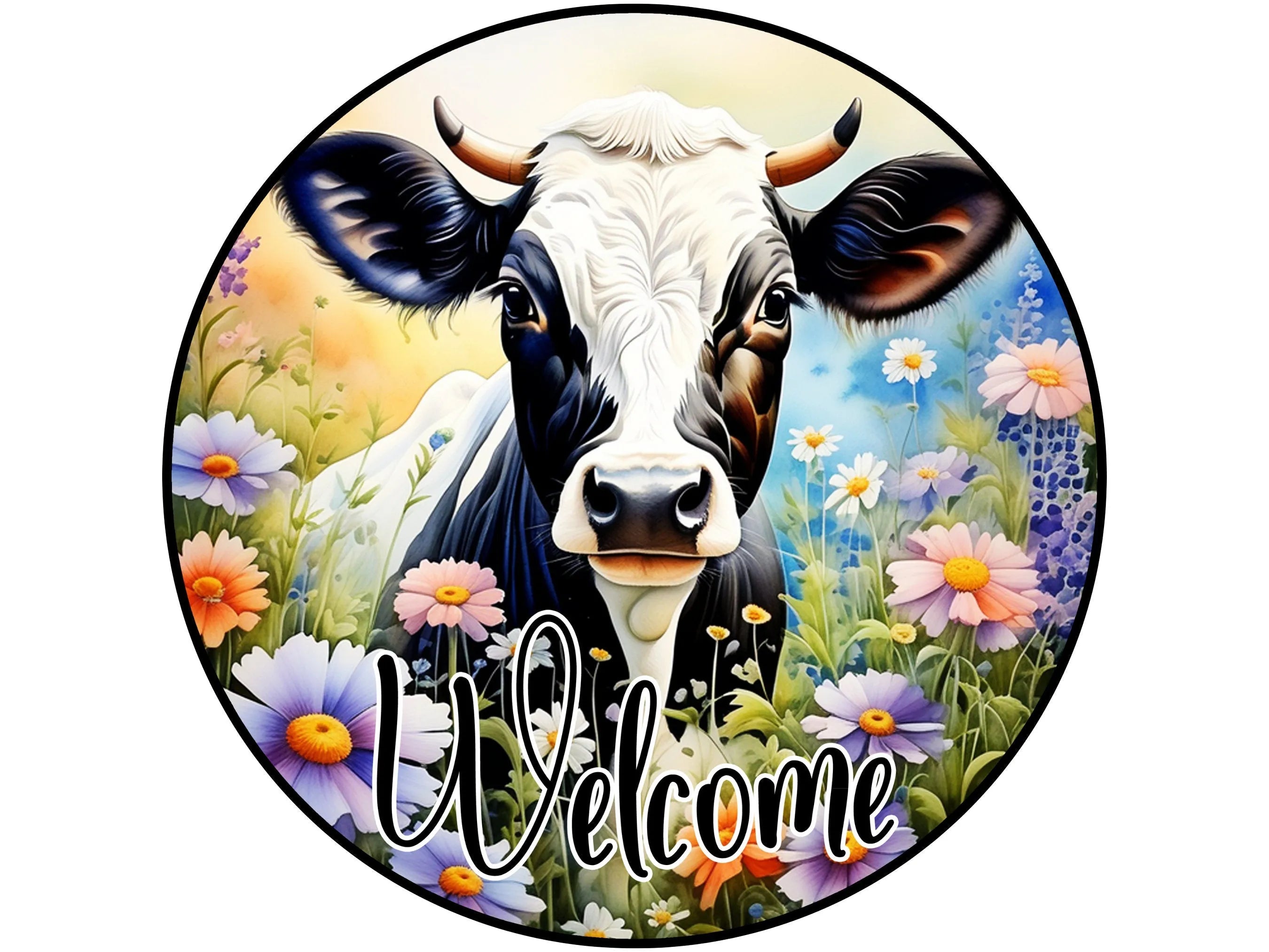 black and white cow with flowers welcome metal wreath sign, cow and daisies wall art, gift for farmer, farm life sign gift