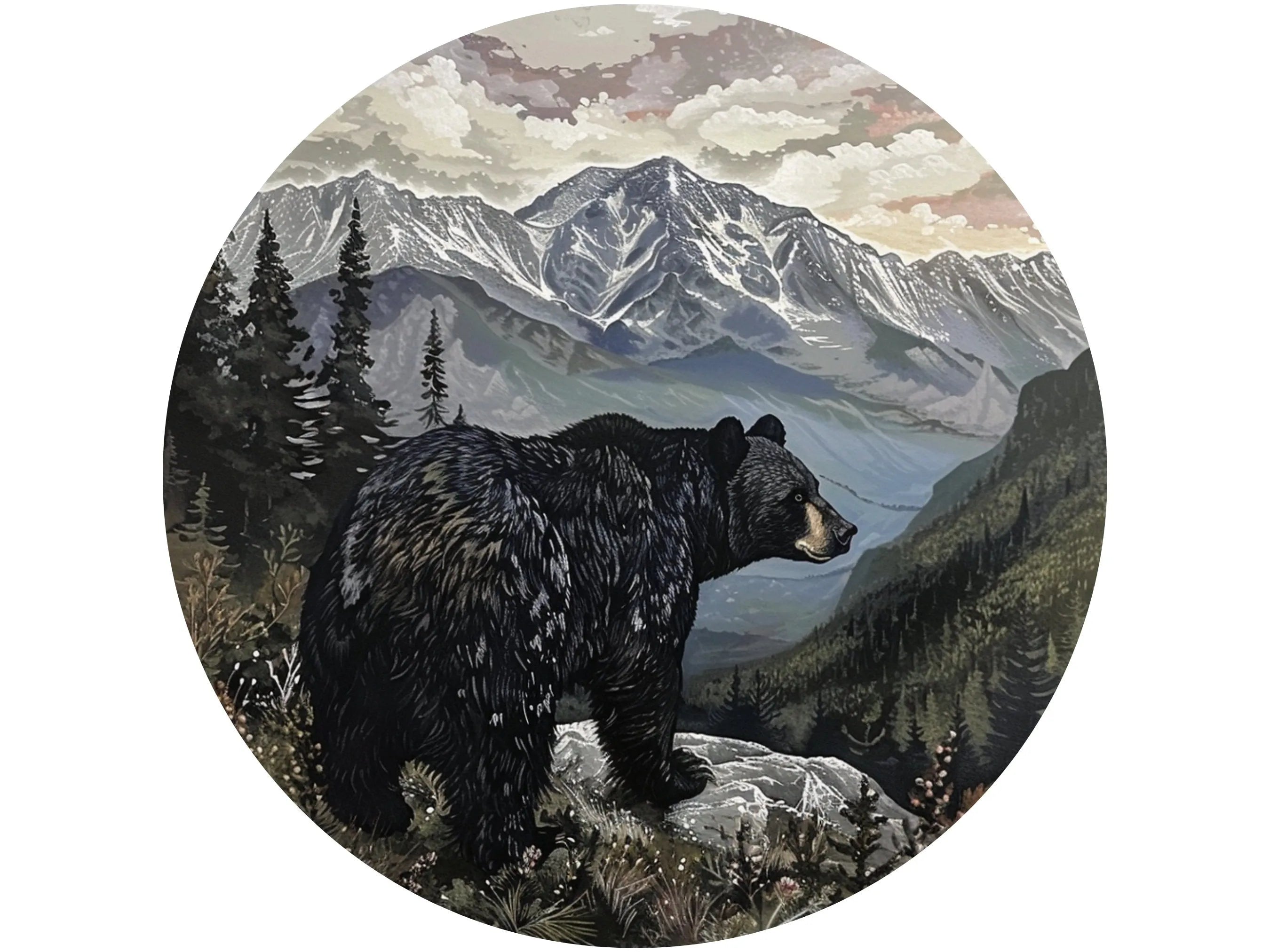 black grizzly bear standing on rock in mountains metal wreath sign, big black bear surrounded by mountains and nature wreath attachment