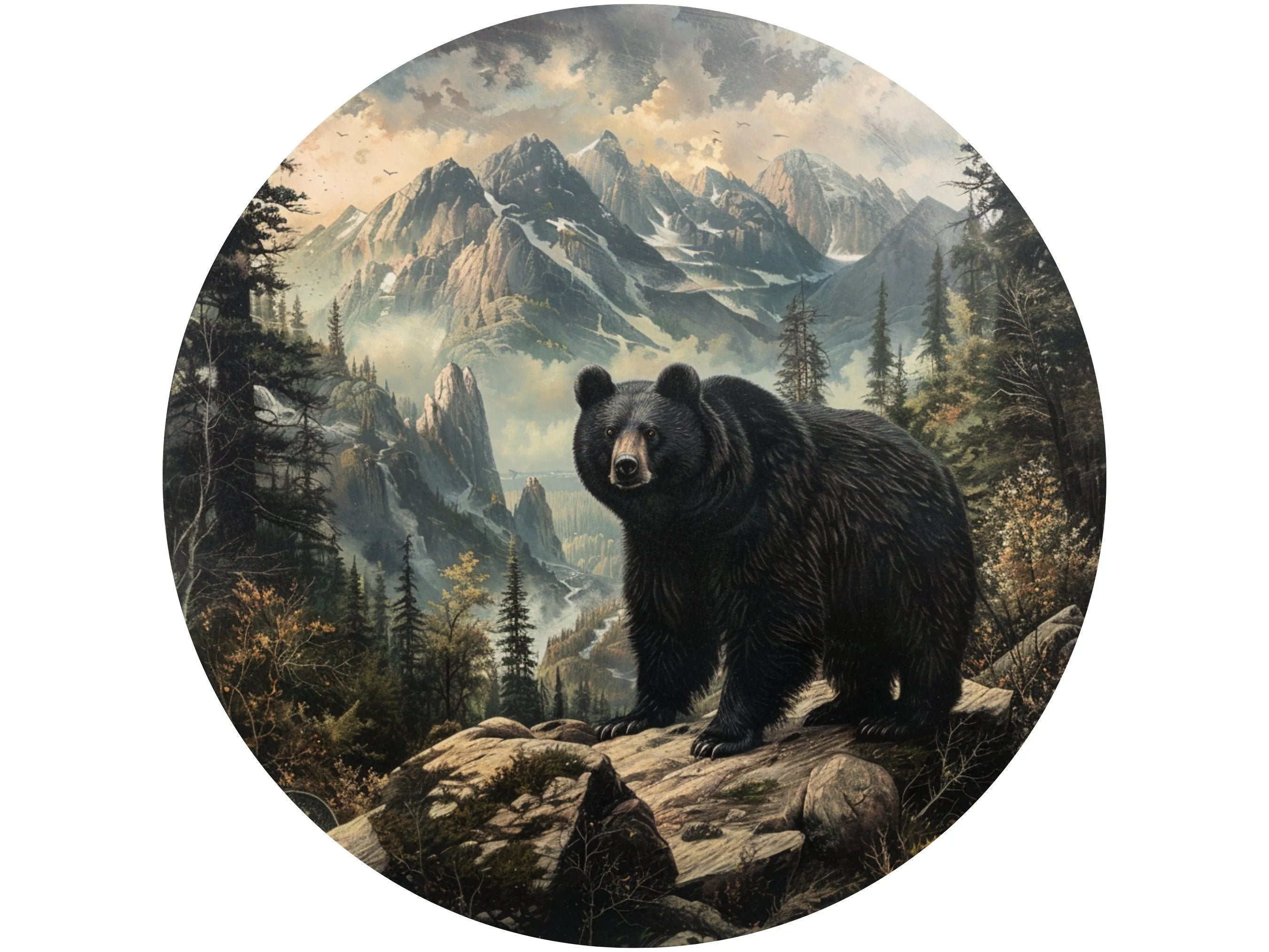 black grizzly bear standing on rock in mountains metal wreath sign, big black bear surrounded by mountains and nature wreath attachment