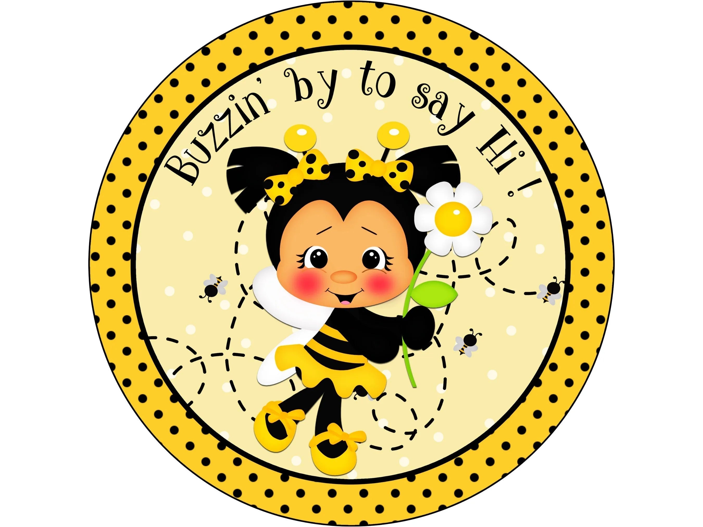 black polka dot bee girl with daisy wreath sign, cute bee girl buzzing around wall art