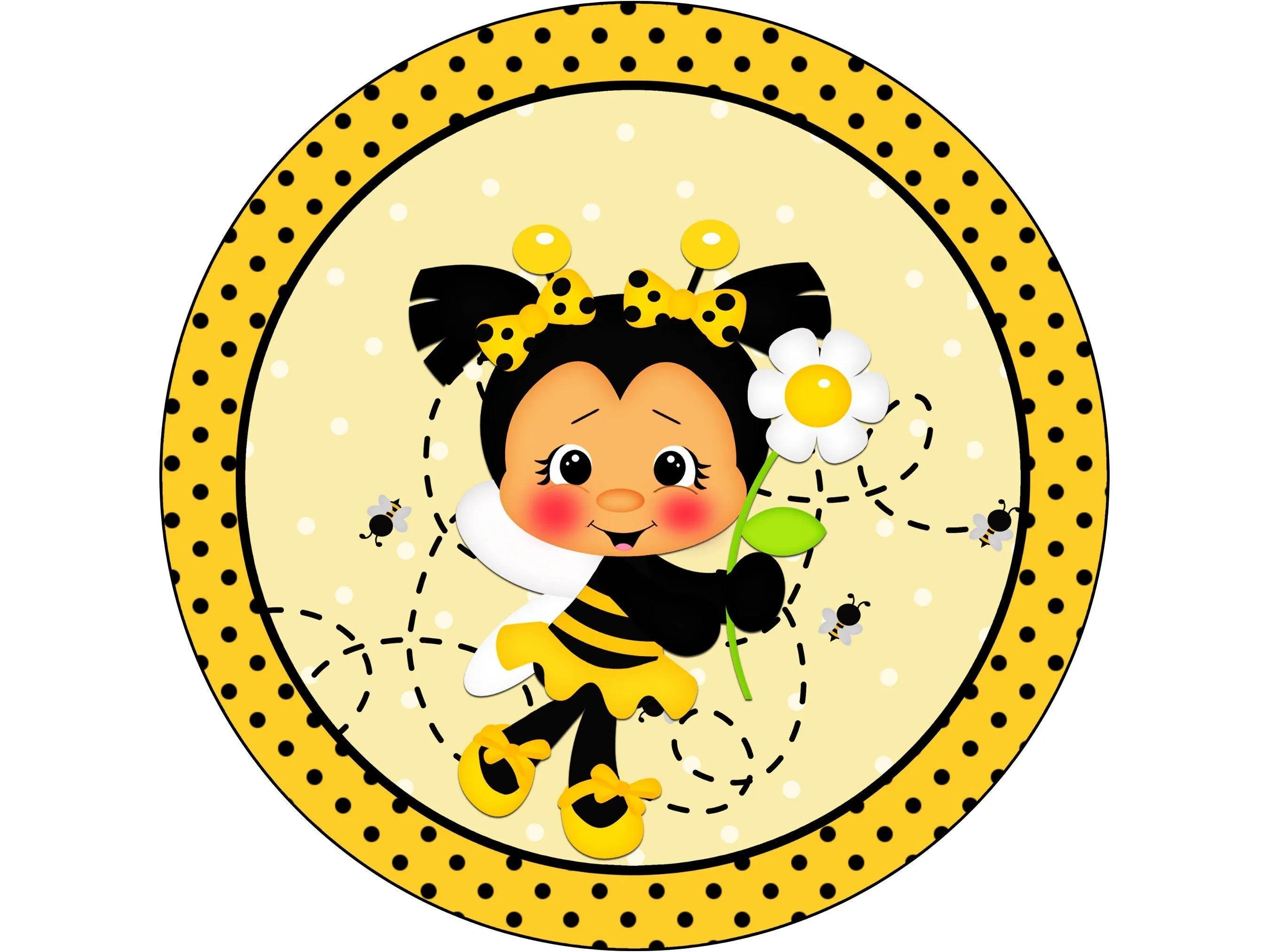 black polka dot bee girl with daisy wreath sign, cute bee girl buzzing around wall art