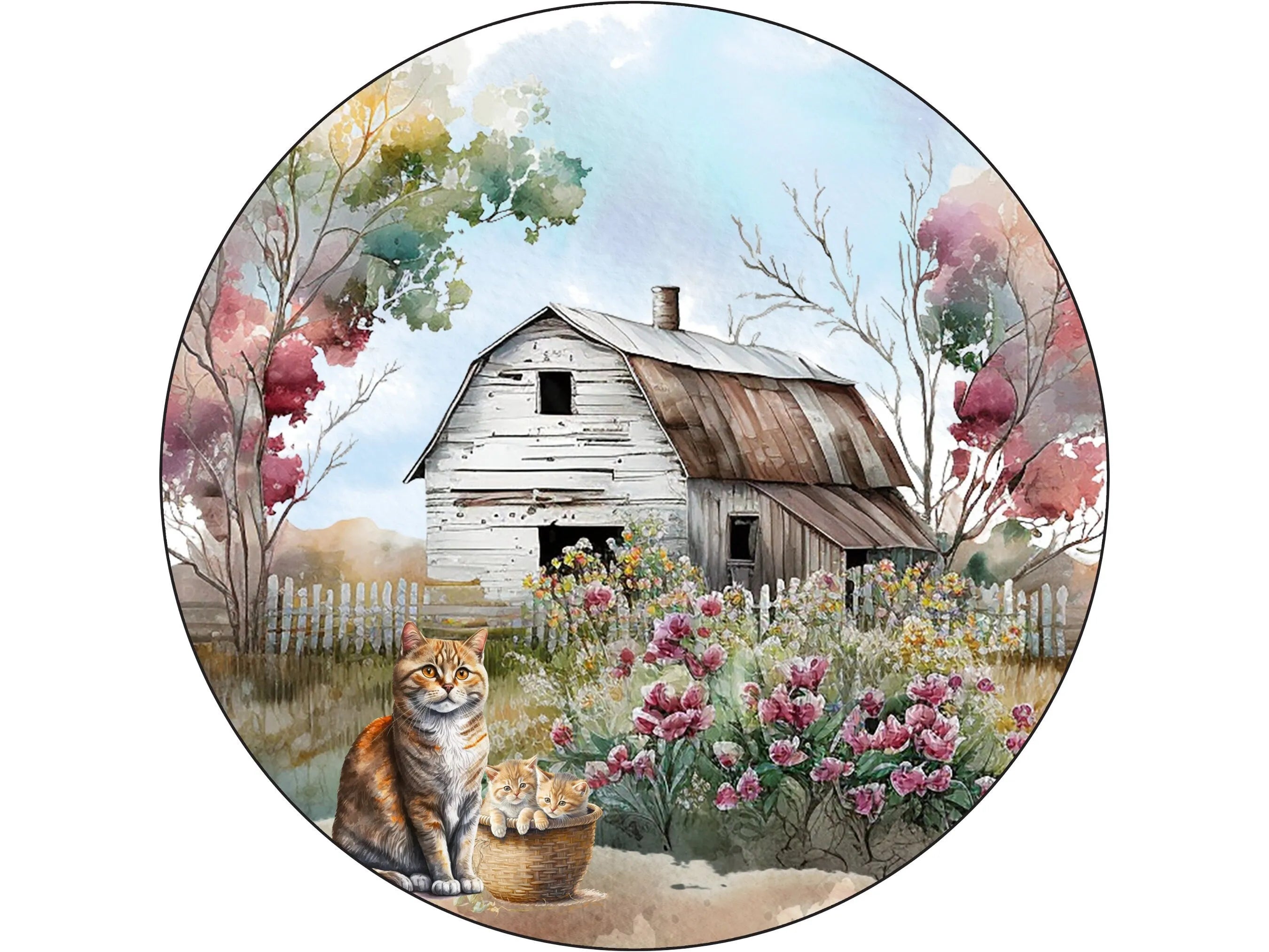 blank Farmhouse cat and barn floral Metal Sign, Rustic Home Decor, Country Decoration, Cat and Flowers, Vintage Farm Art